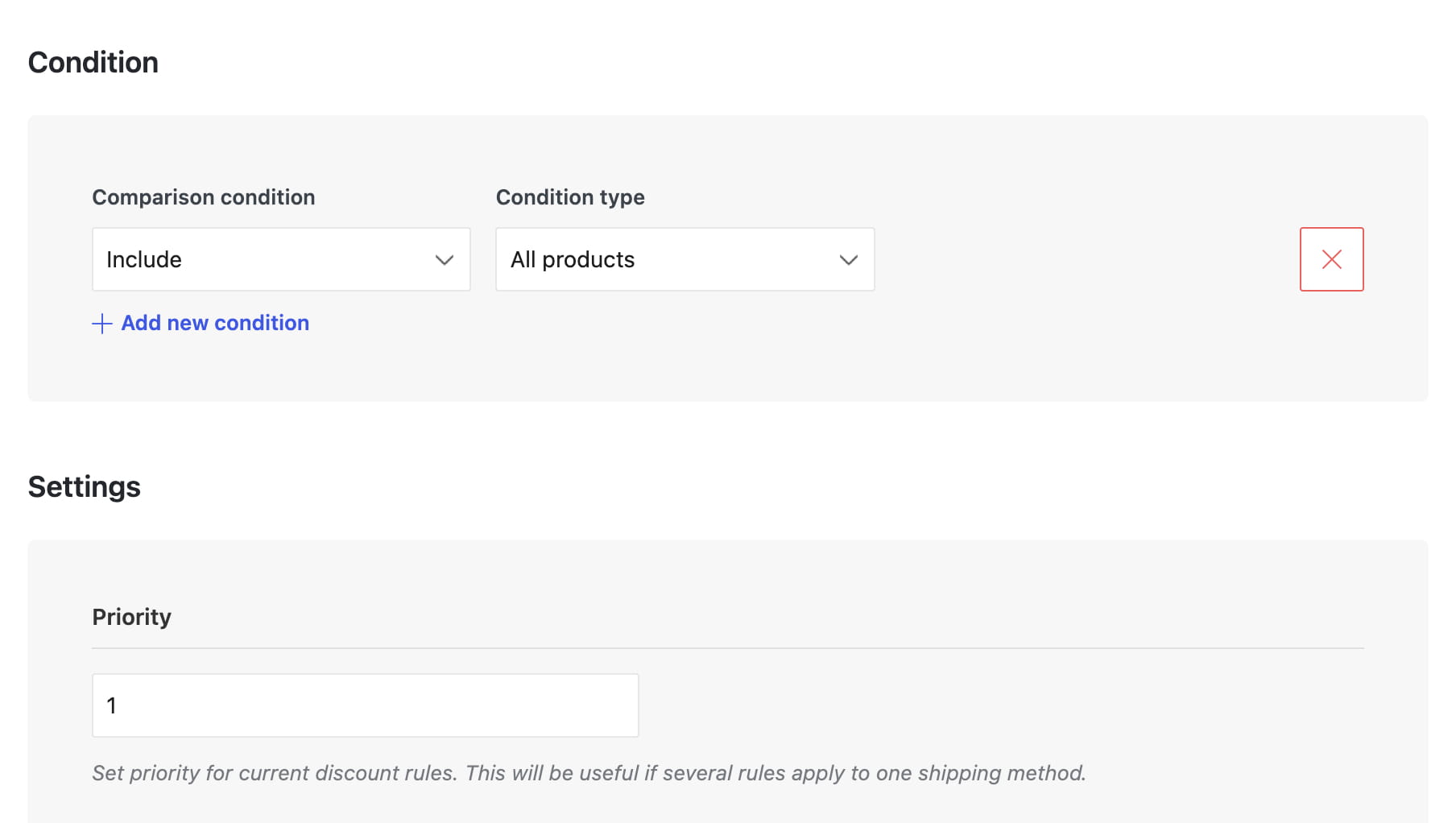 Discount rule settings with condition selectors and priority field