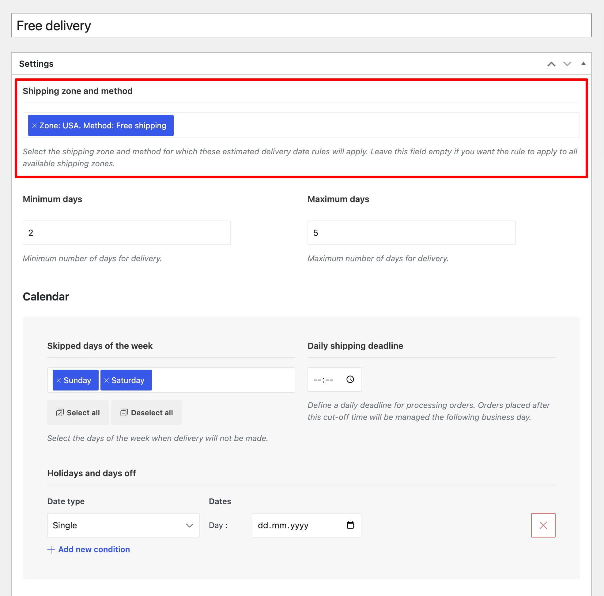 Free shipping settings for USA zone