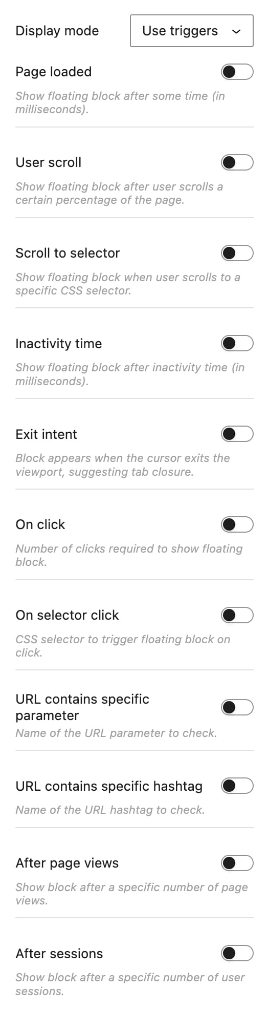 Trigger settings panel with “Use triggers” selected and toggles for page load, scrolling, clicks, URL conditions, and sessions