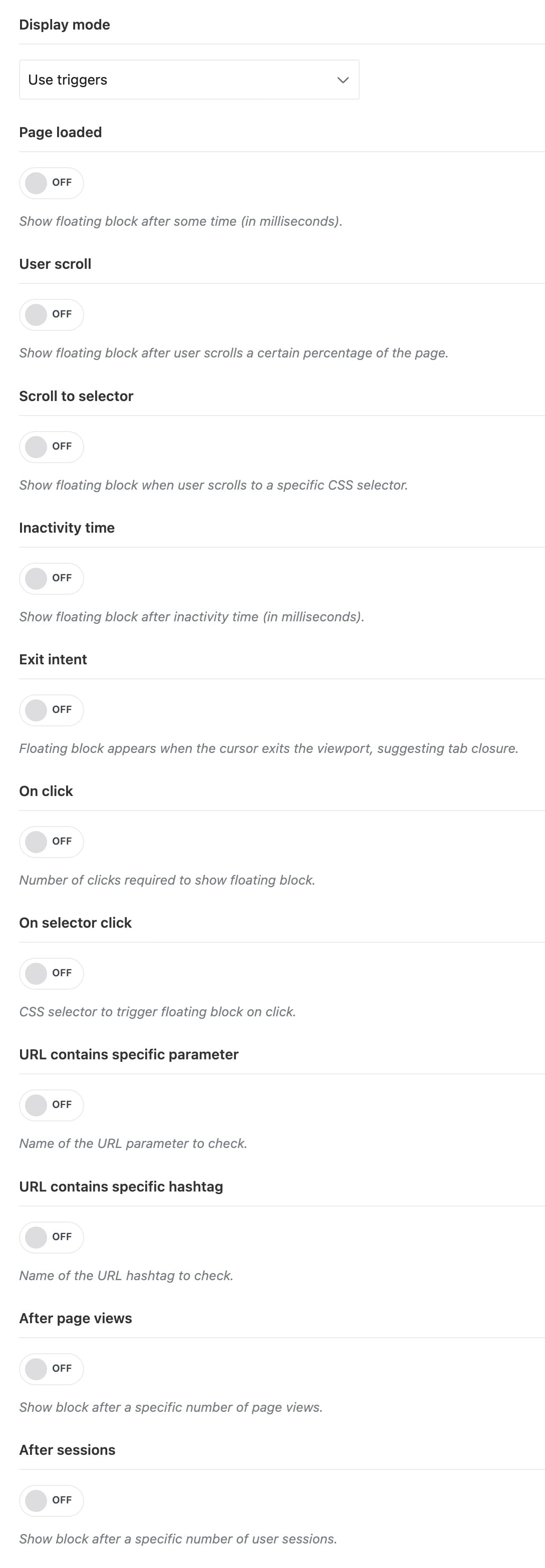 Display mode settings with multiple floating-block triggers, including page load, scrolling, clicks, and URL conditions, all turned off