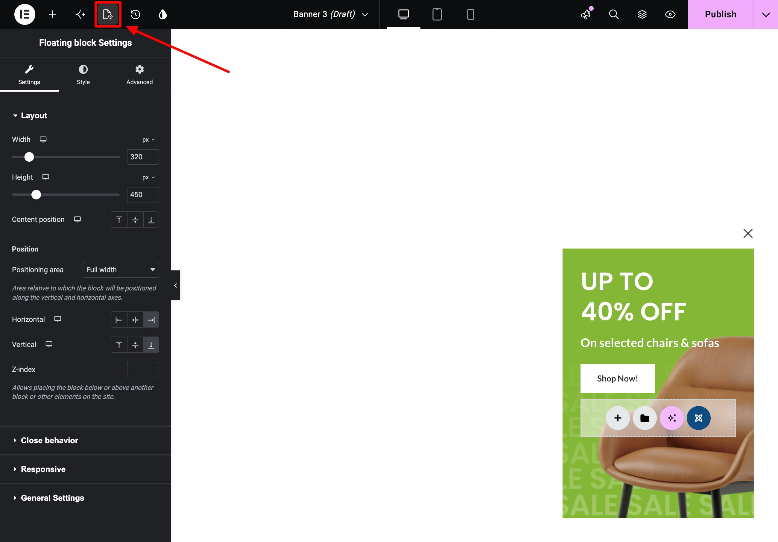 Floating blocks settings on Elementor builder