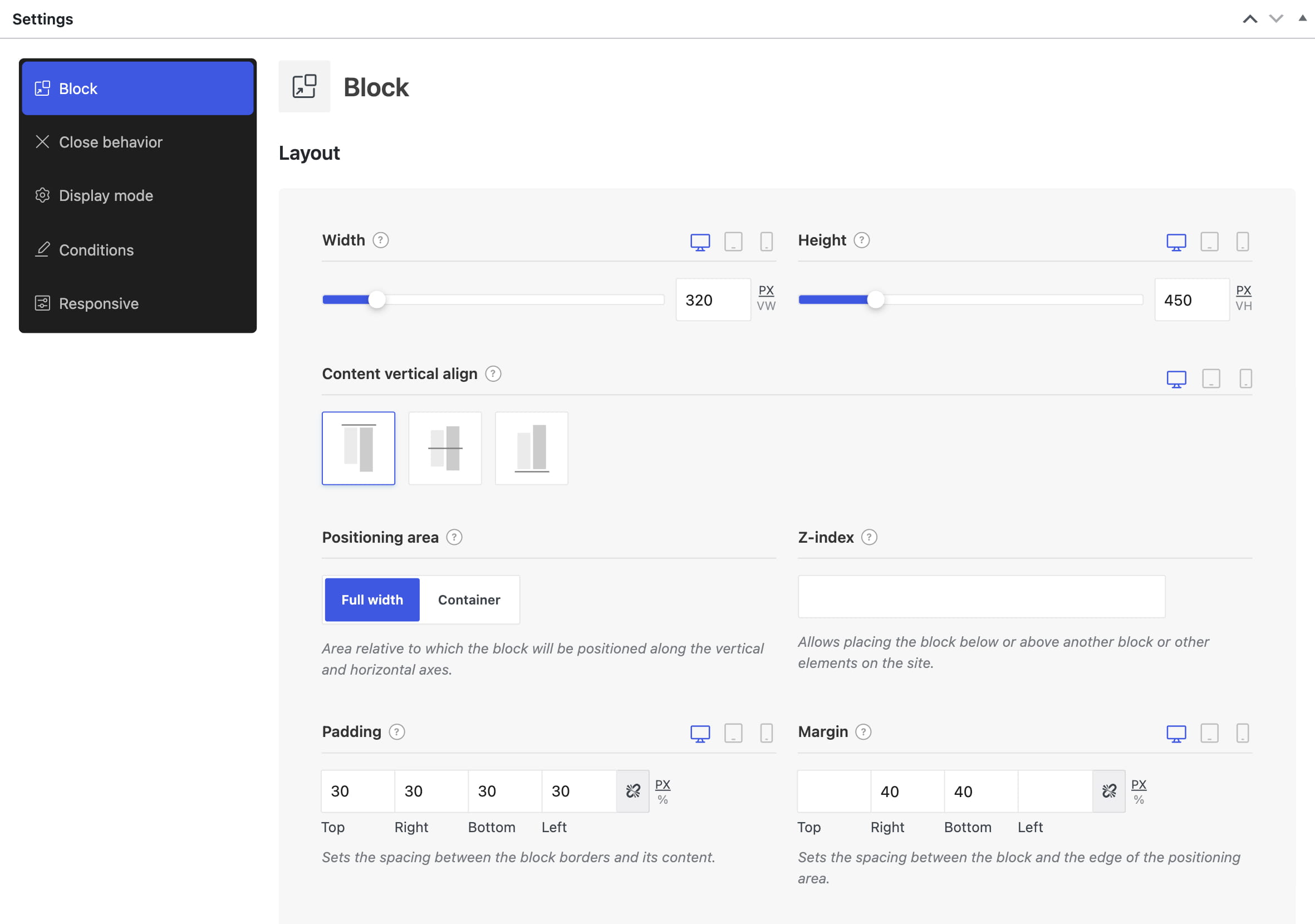 Floating block settings WPBakery