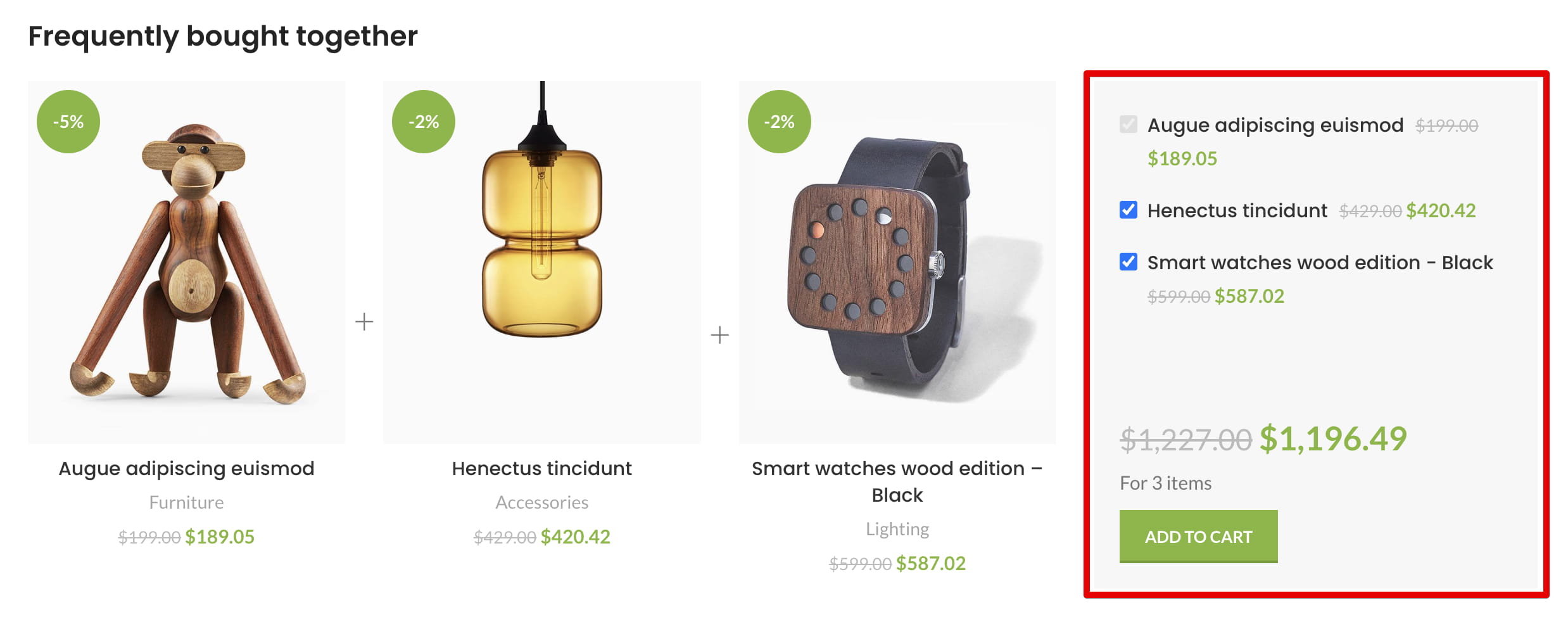Frequently bought together bundle summary with three selected items and an Add to Cart button