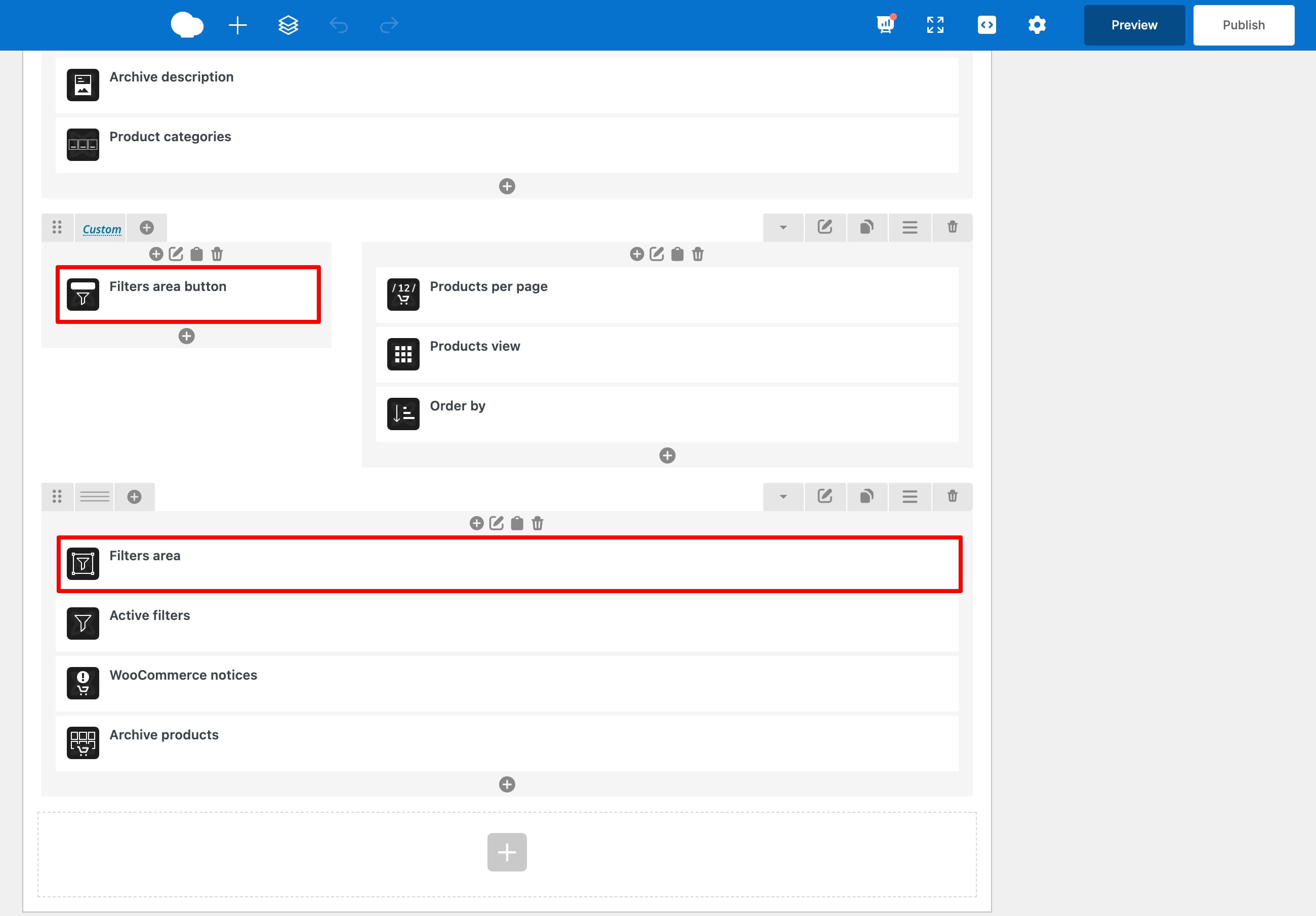 Filters area and Filters area button on WPB product archive layout
