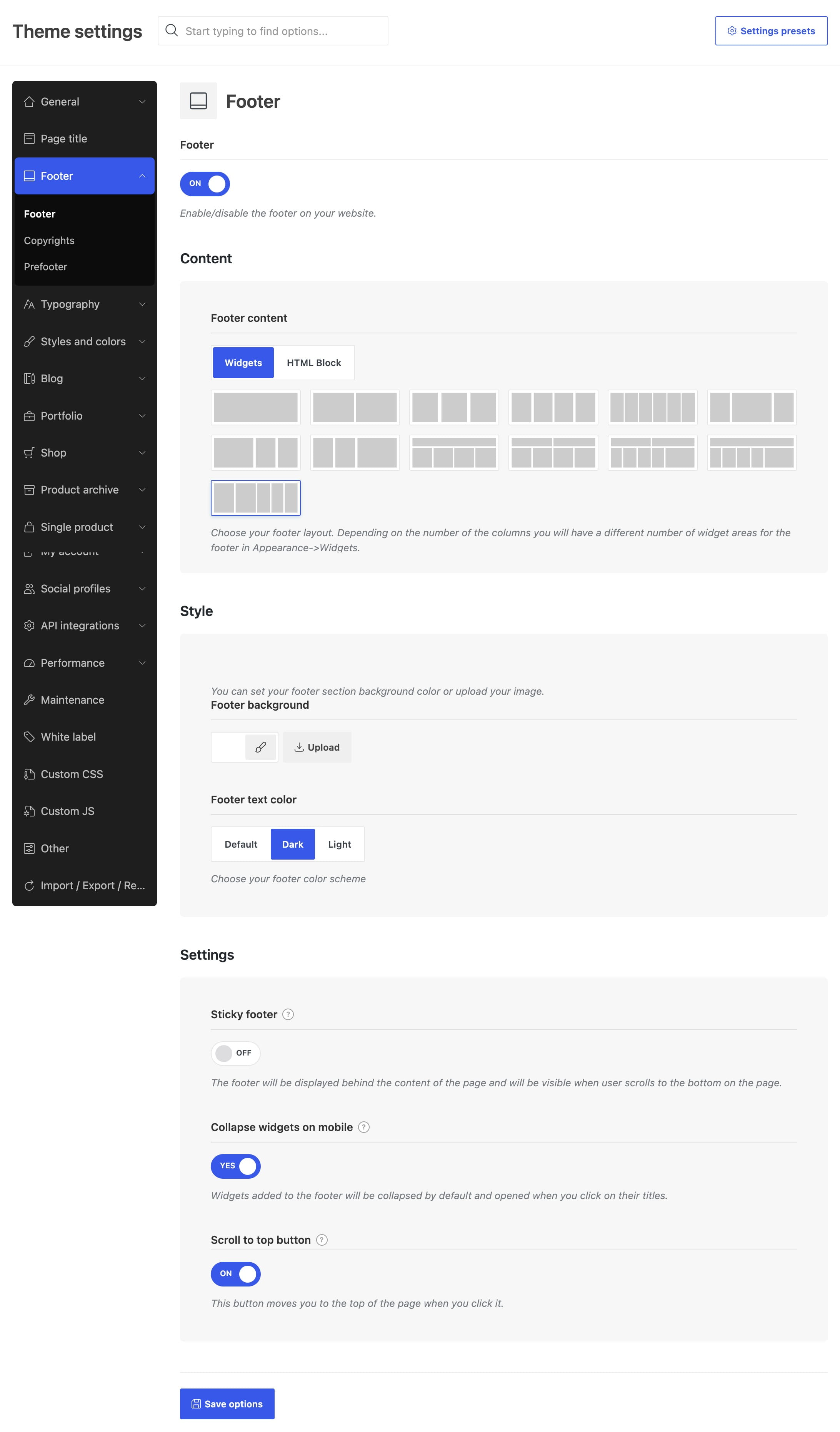 all footer settings