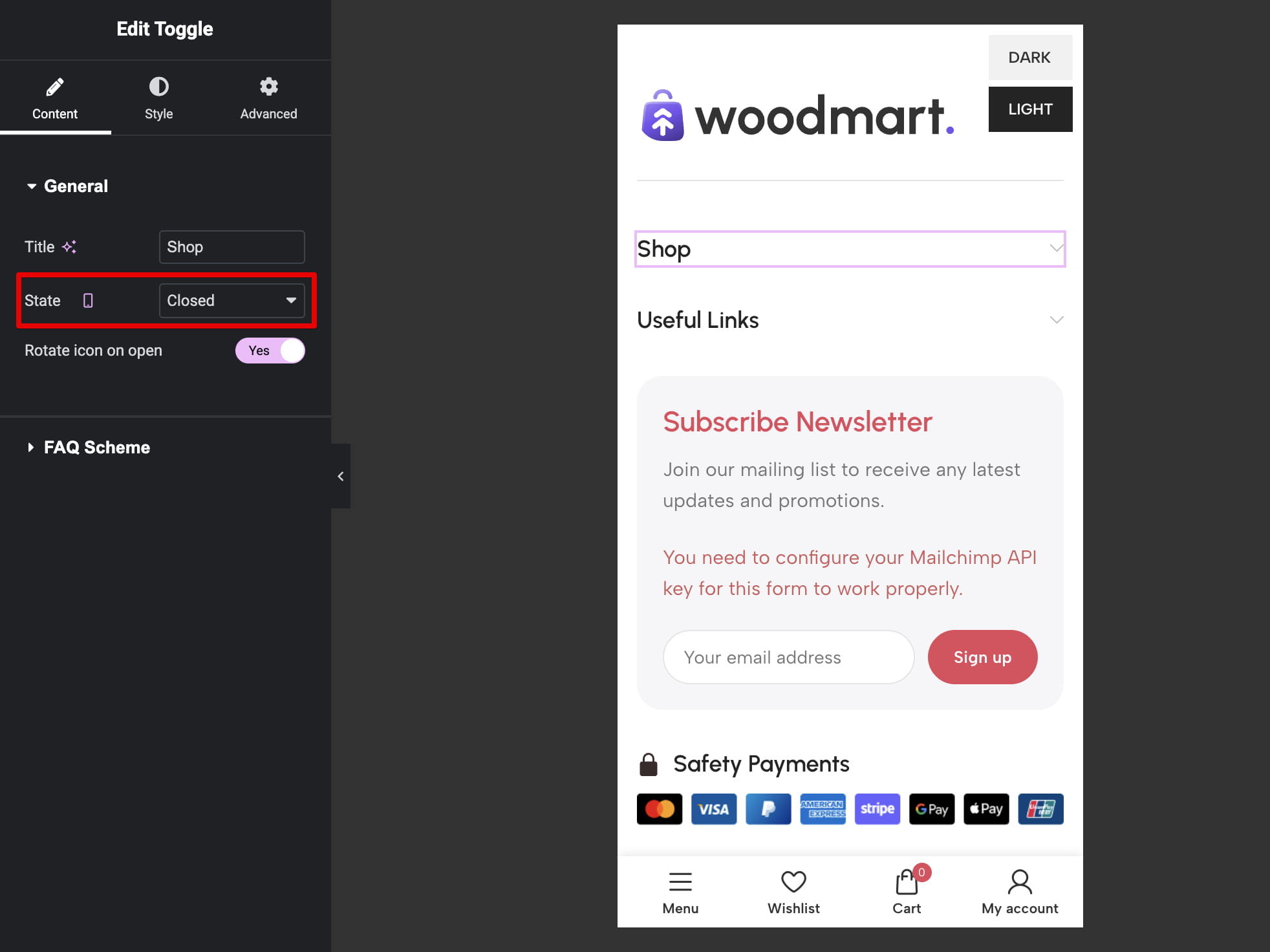 toogle in footer on mobile