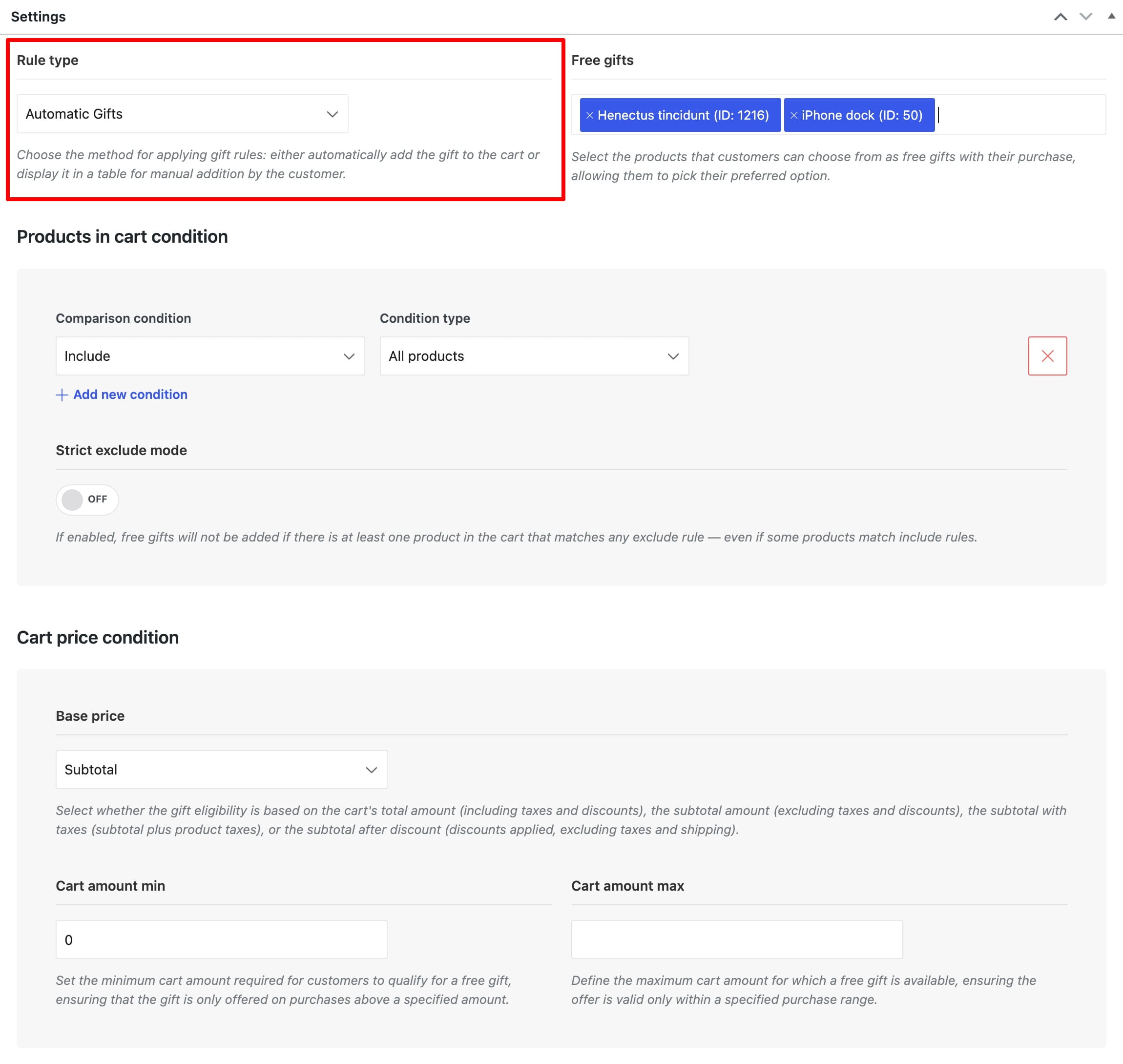 Settings for an automatic gifts rule with free gifts selected and cart conditions below
