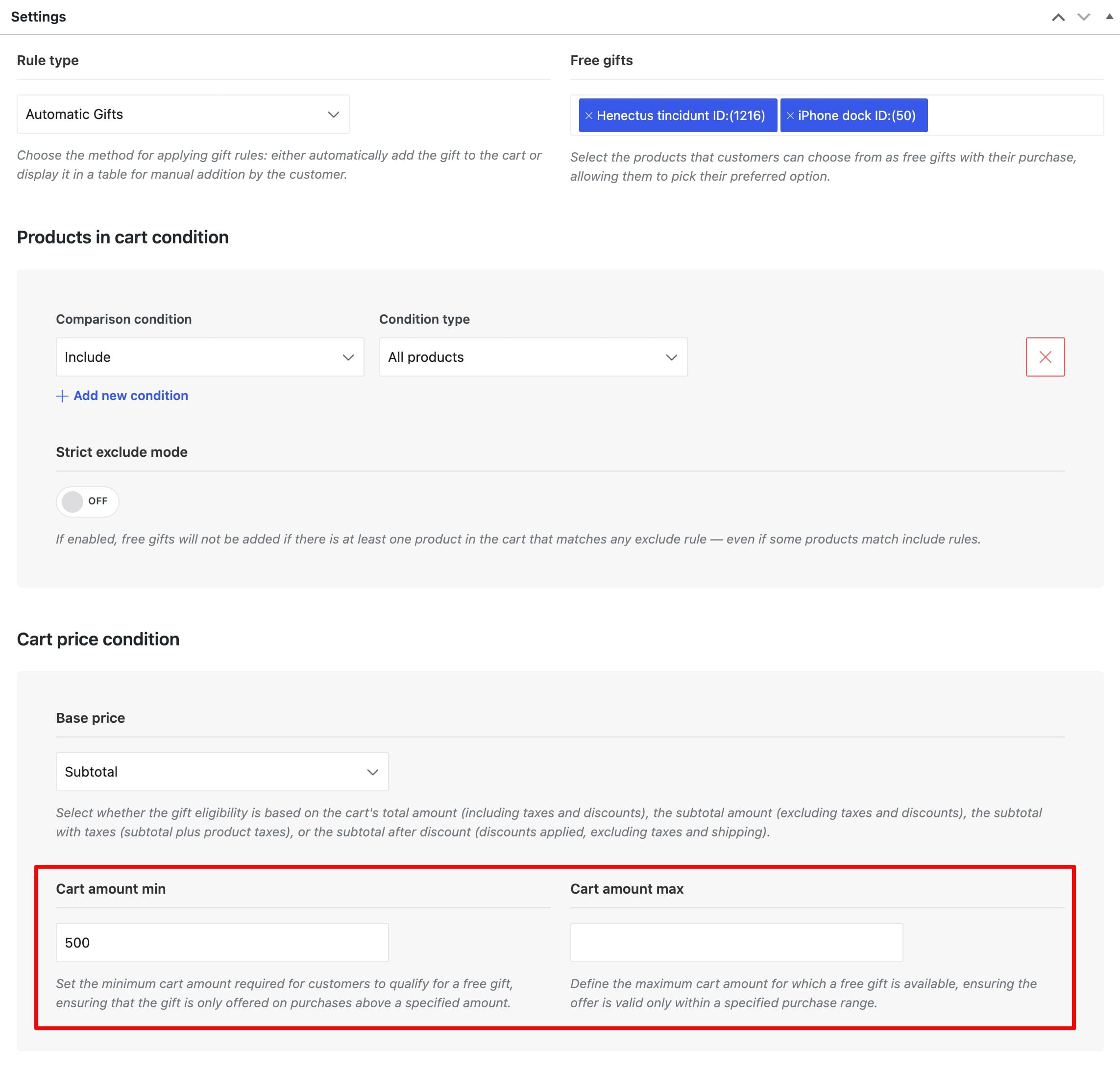 Free gift rule settings with cart amount minimum set to 500