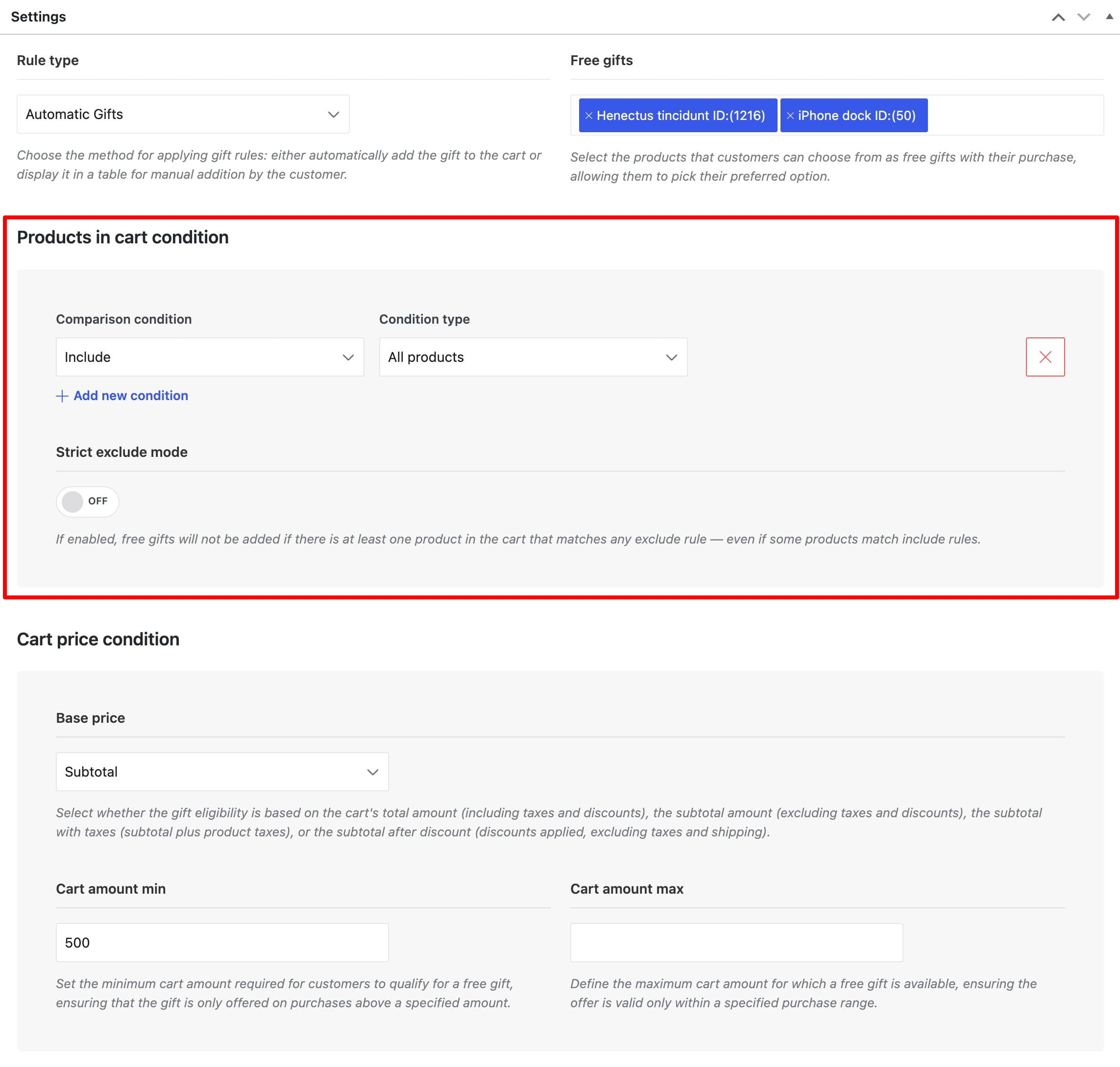 Free gifts rule settings for cart product conditions and cart amount minimums