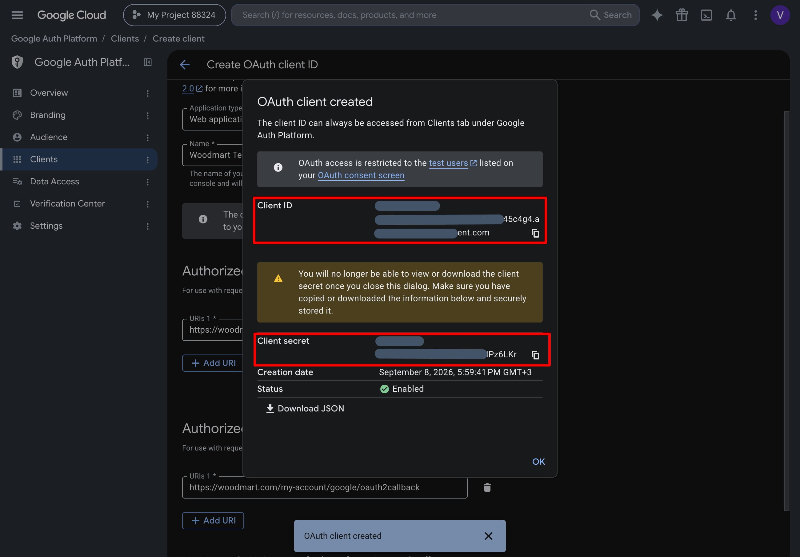 Google Cloud dialog confirms OAuth client creation and displays redacted client ID and client secret with a warning to save the secret