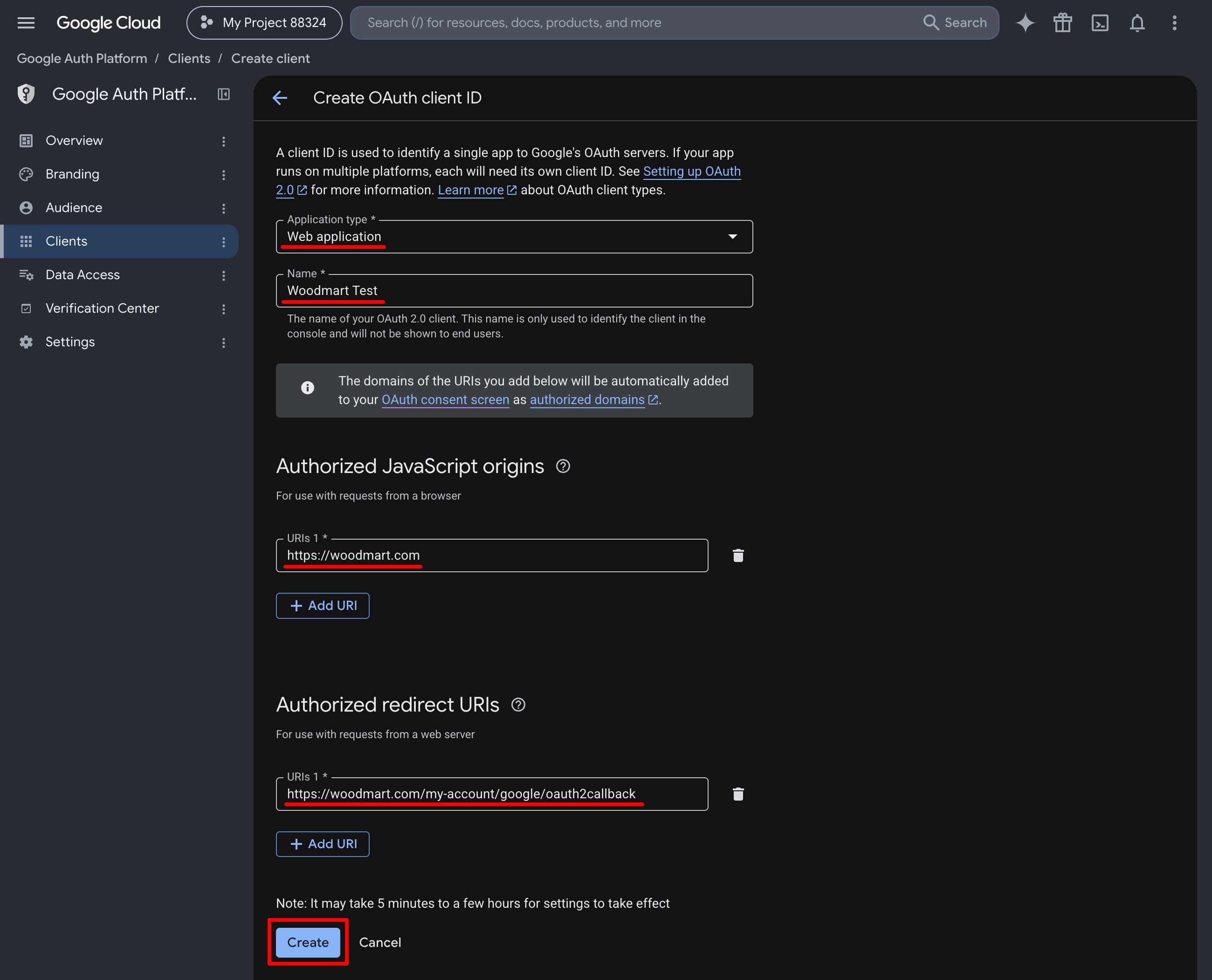 Google Cloud OAuth client form for a web application, with Woodmart Test, authorized URIs, and Create highlighted