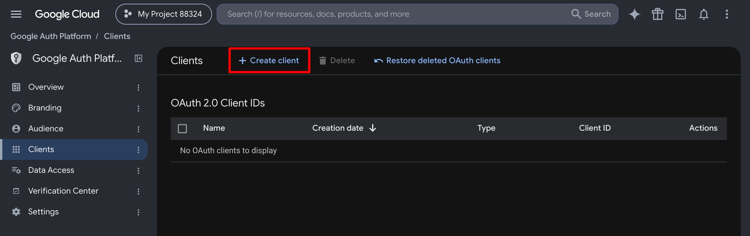 Google Cloud OAuth Clients page with the Create client button highlighted