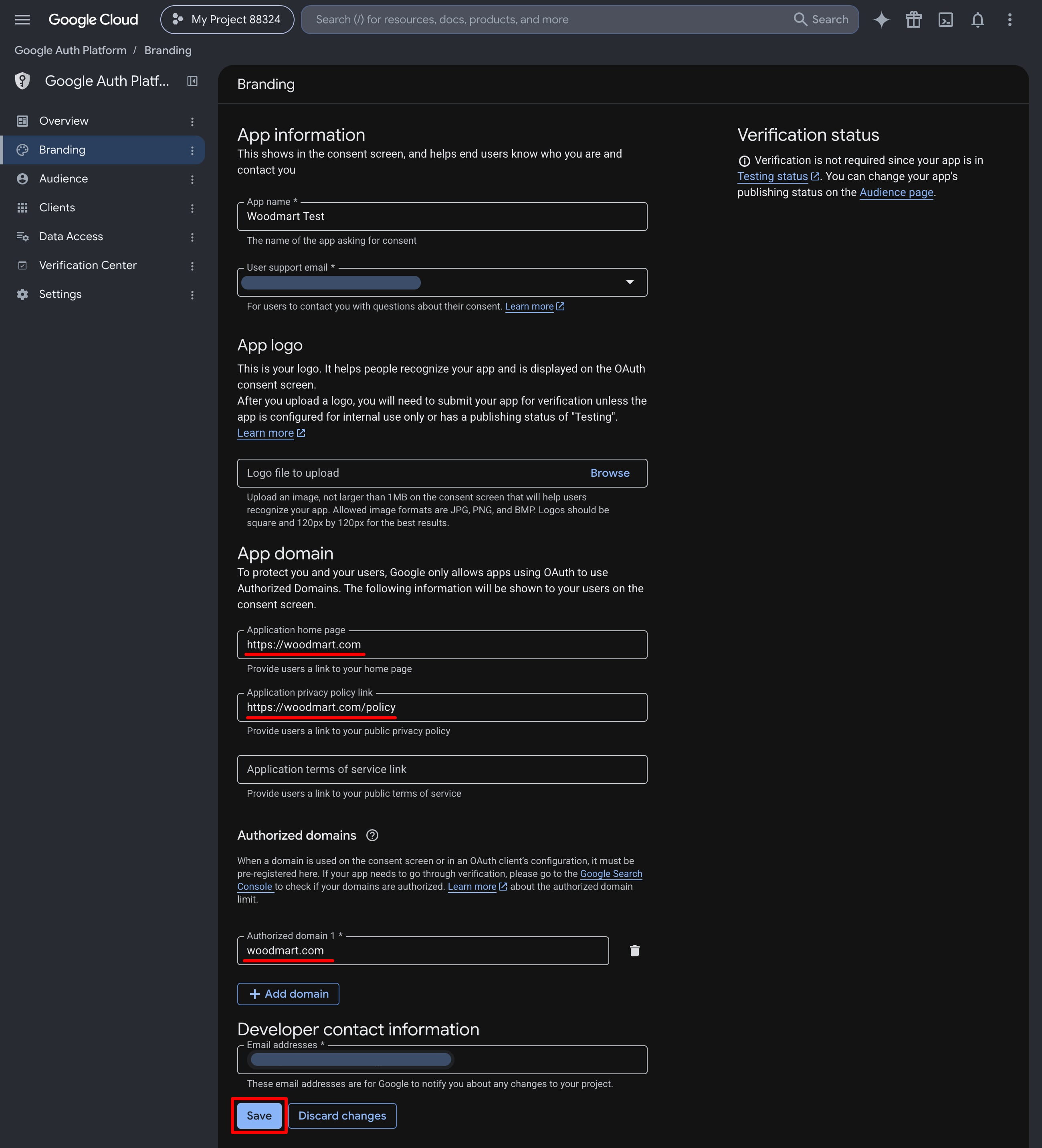 Google Auth Platform Branding page showing app settings, domains, contact information, and the Save button highlighted