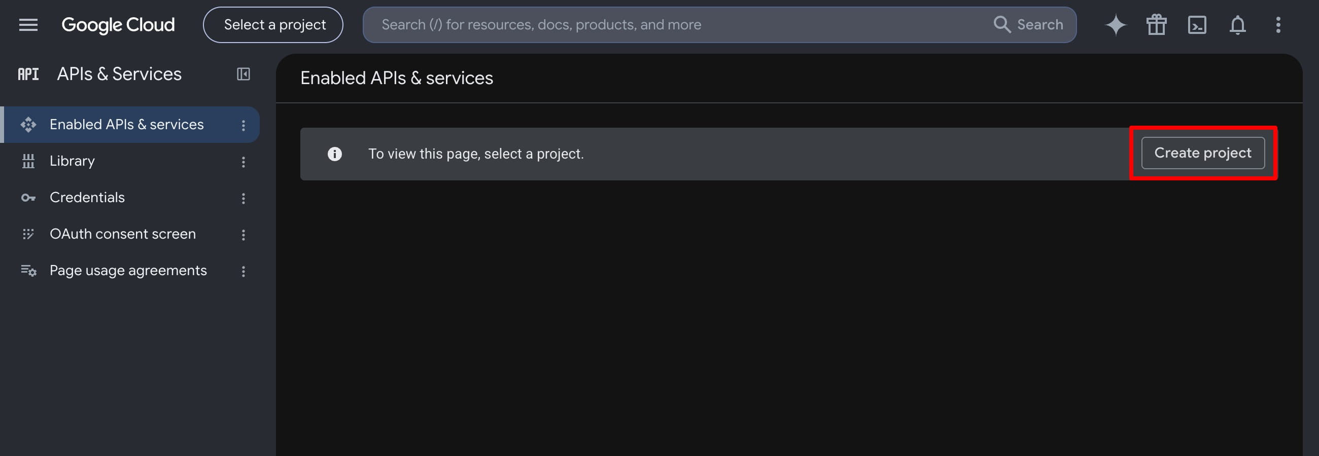 Google Cloud APIs & Services page with the Create project button highlighted