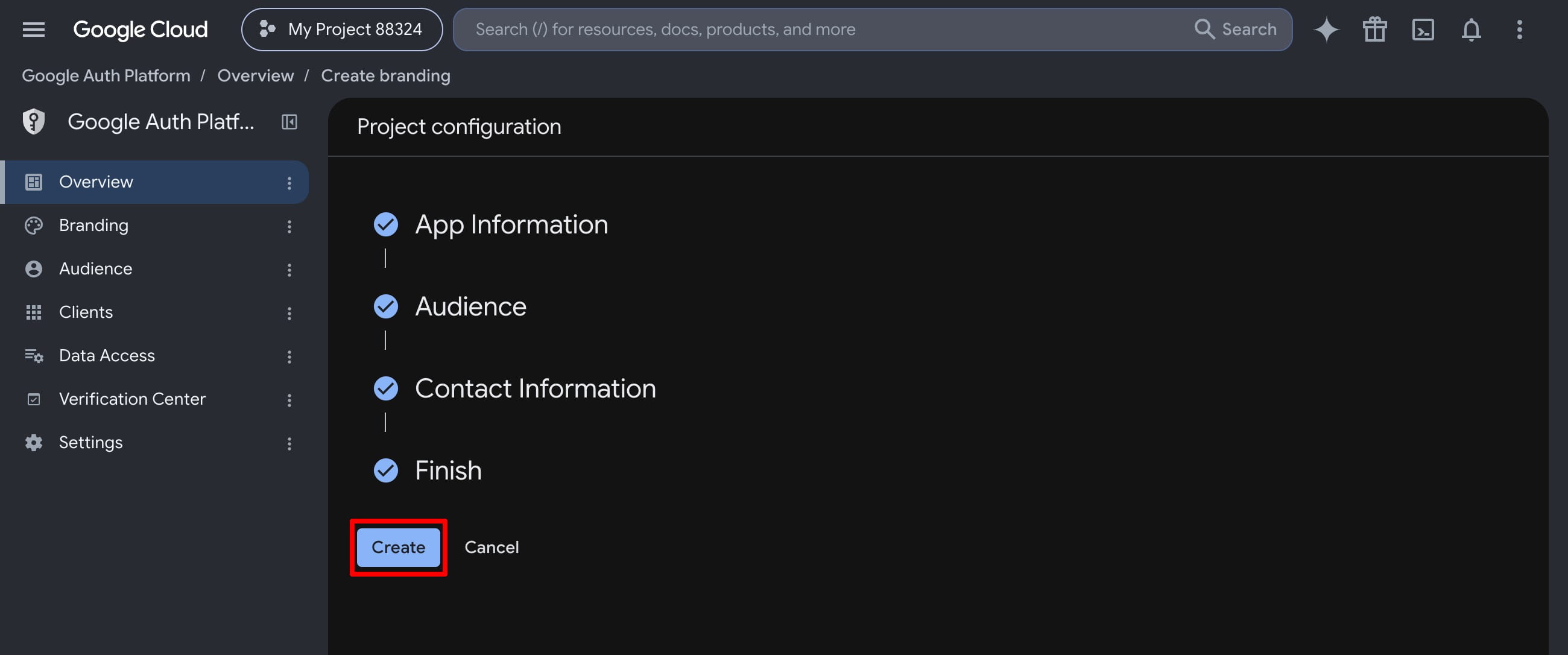 Google Auth Platform project configuration screen with the Create button highlighted