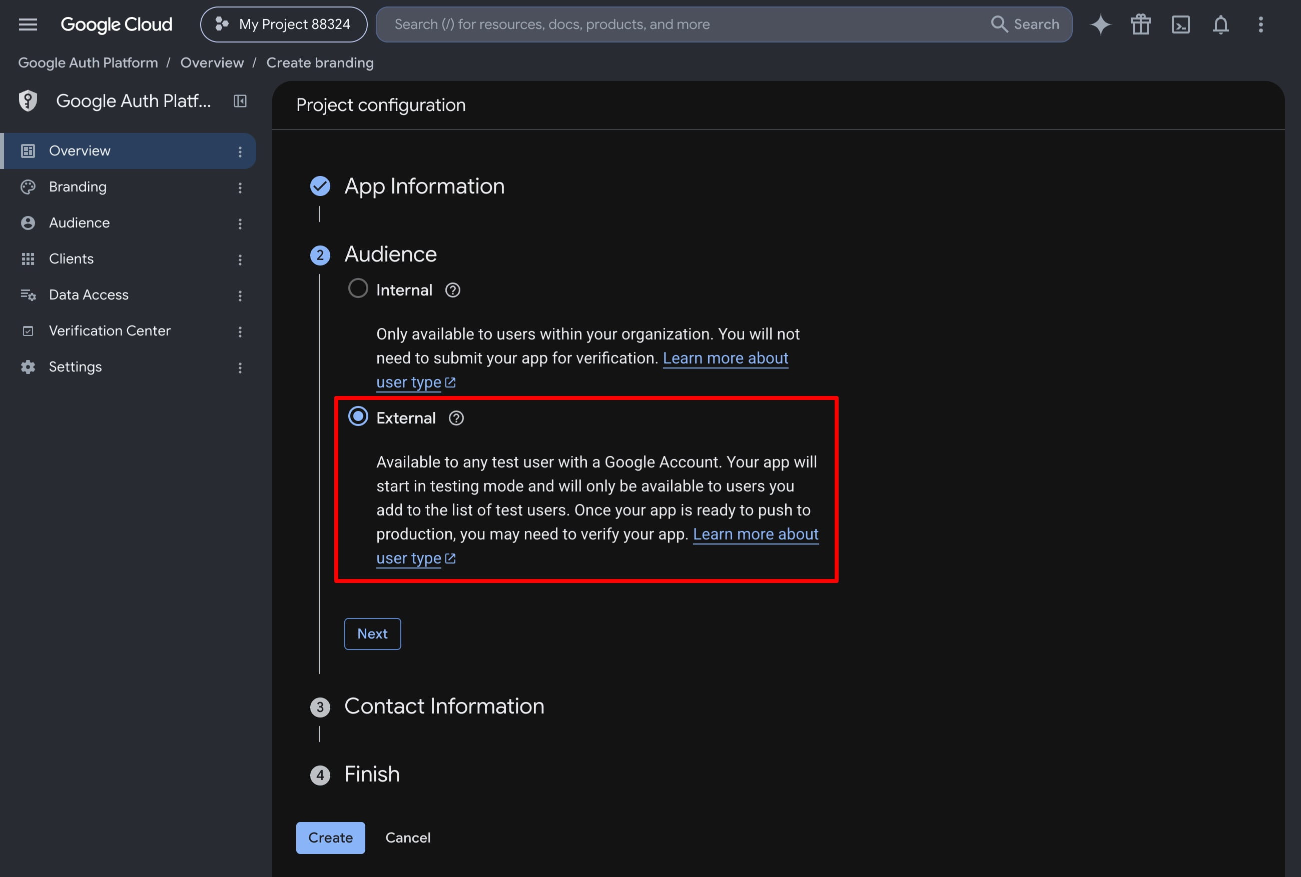 Google Auth Platform project configuration with the External audience option selected and highlighted
