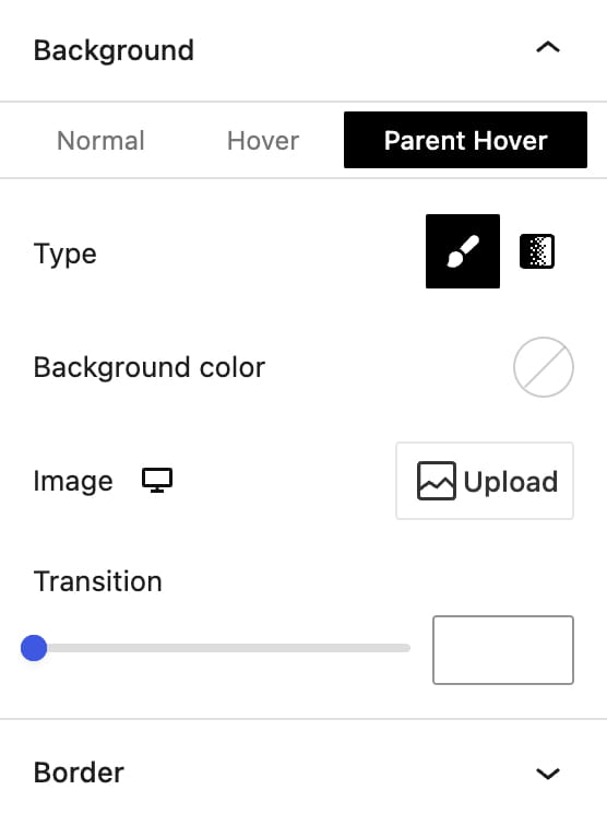 Background settings panel with Normal, Hover, and Parent Hover states, plus image upload and transition controls
