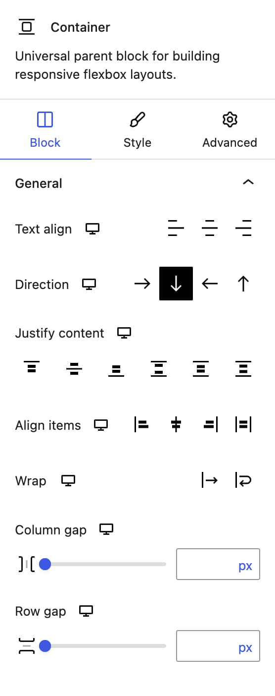 Container settings panel for flexbox layout options