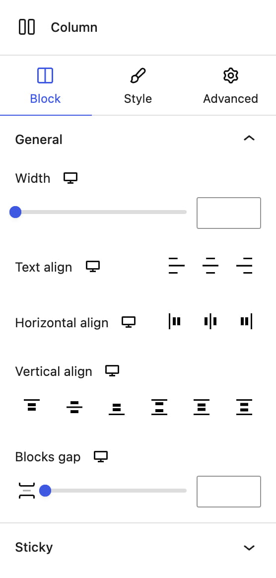 Column settings panel