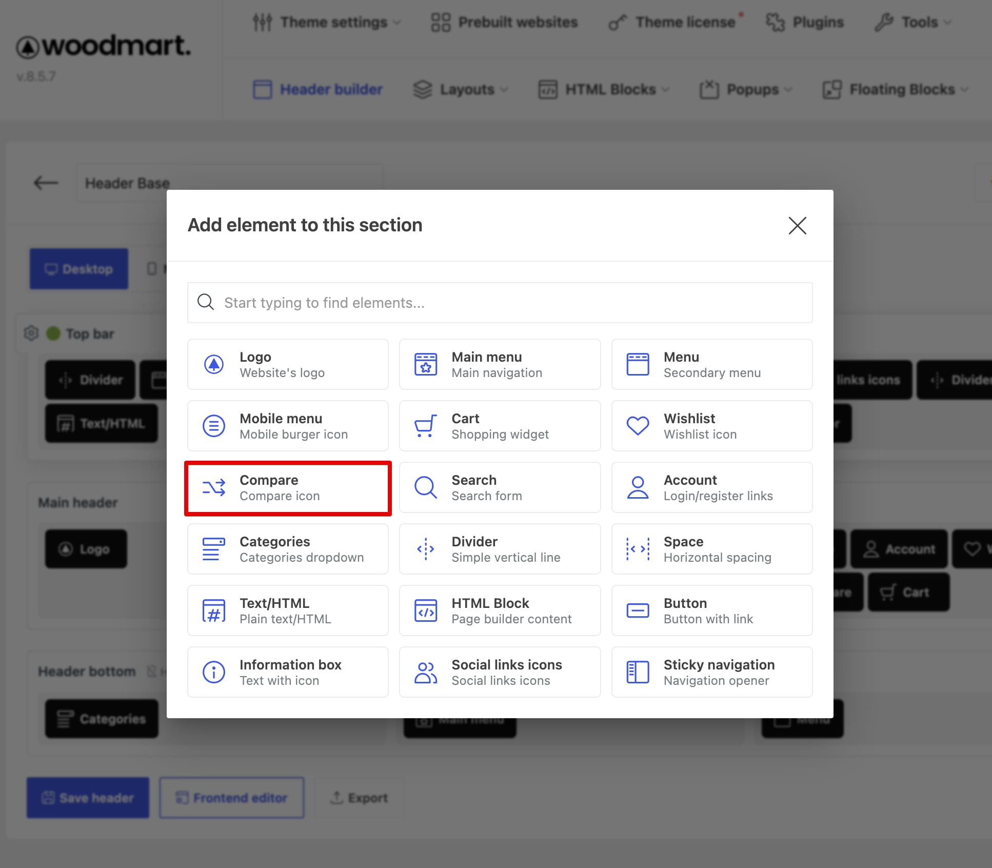 header builder Compare element