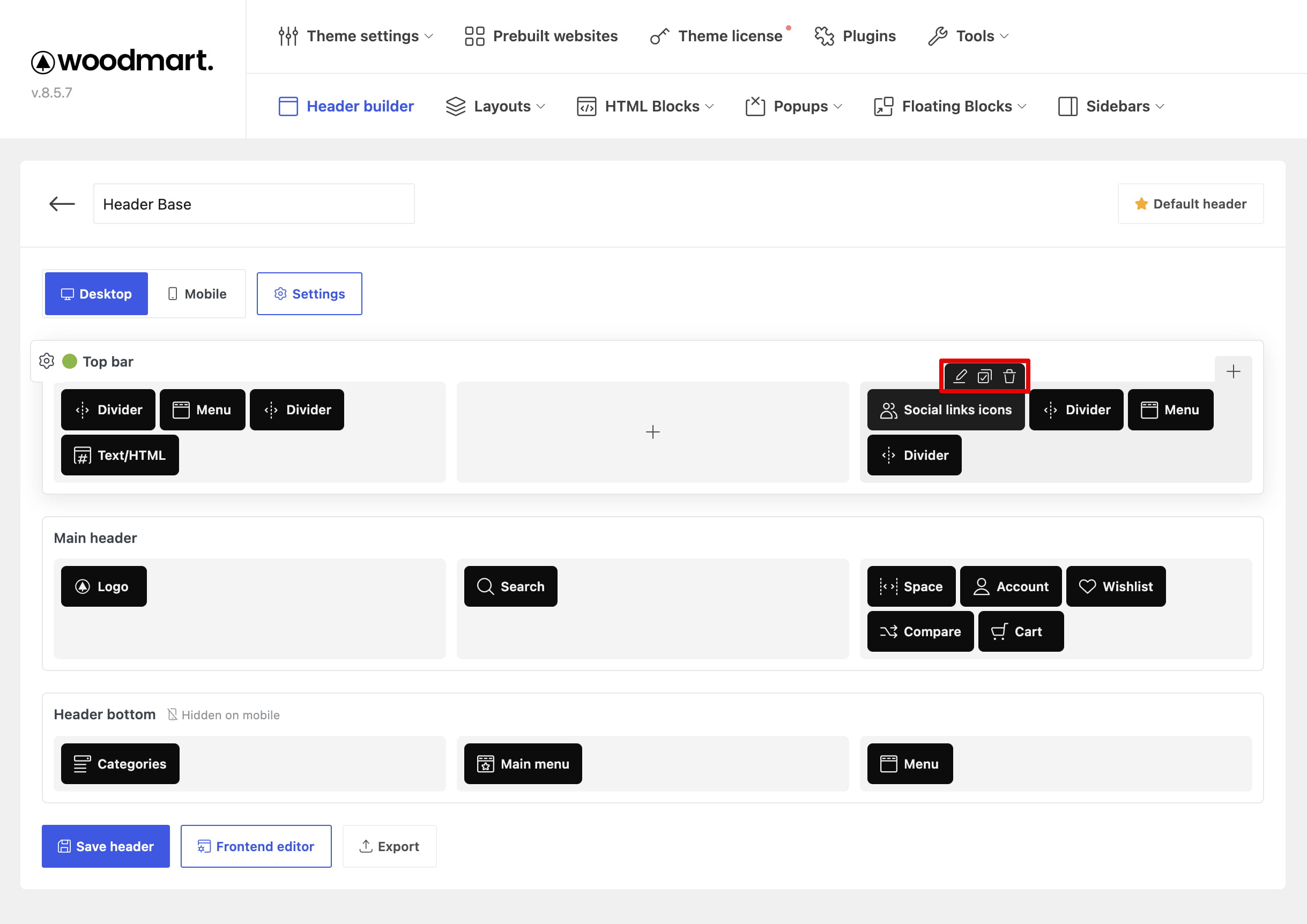 Woodmart header builder interface showing desktop header layout blocks and settings controls