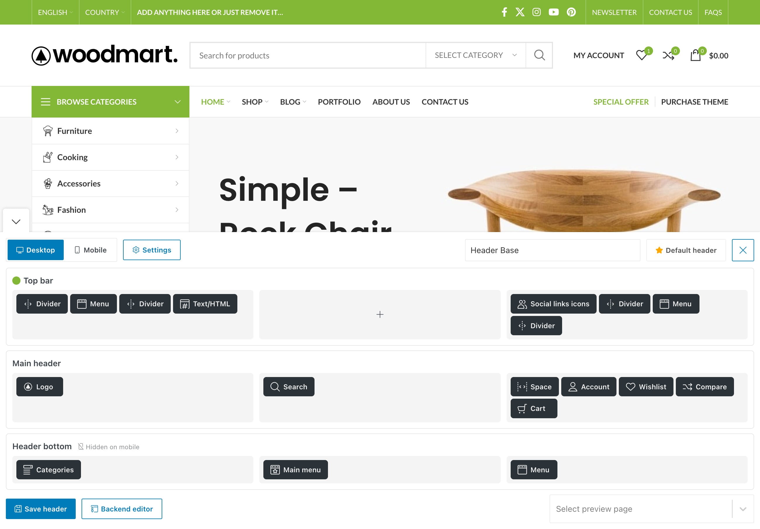 header builder in frontend mode