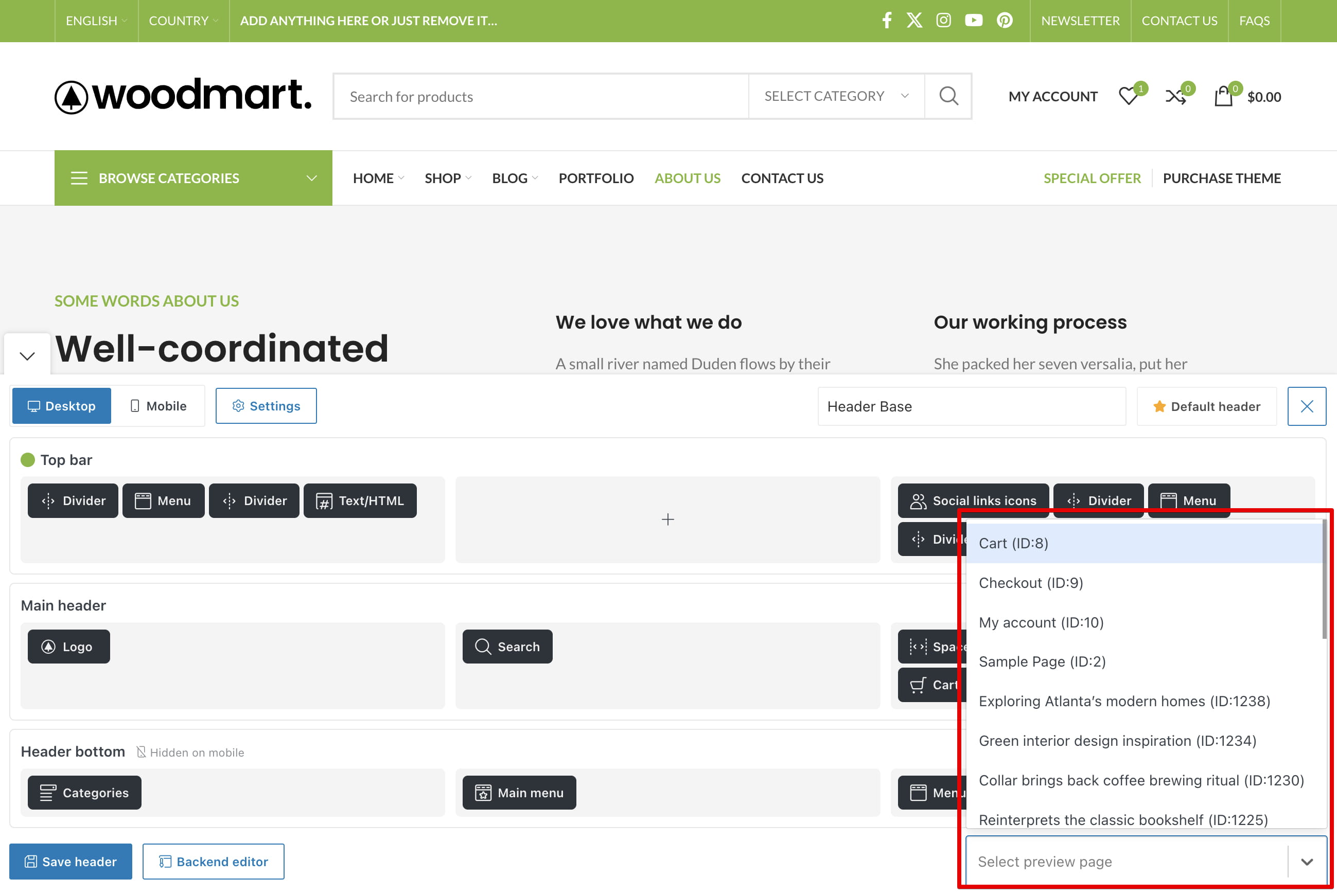 Screenshot of a website header builder with a page preview dropdown open and a list of preview pages