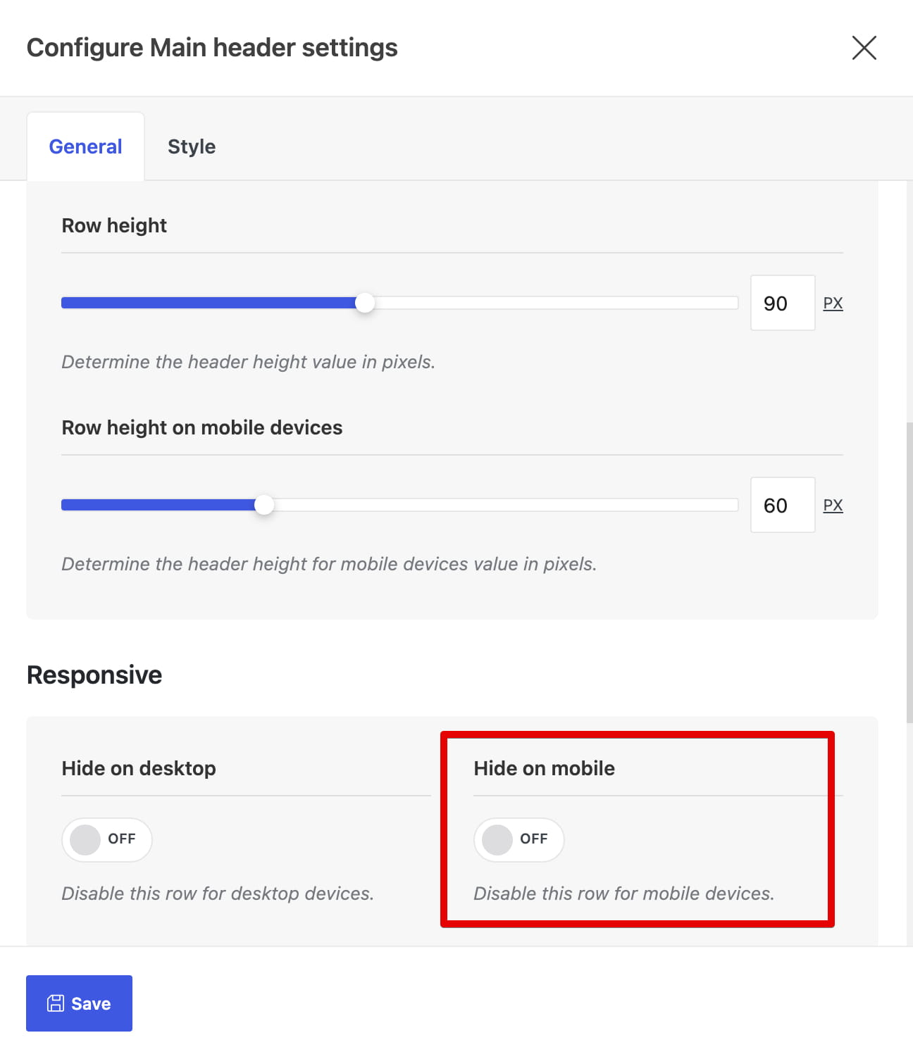 Configure main header settings dialog with row height and mobile visibility options