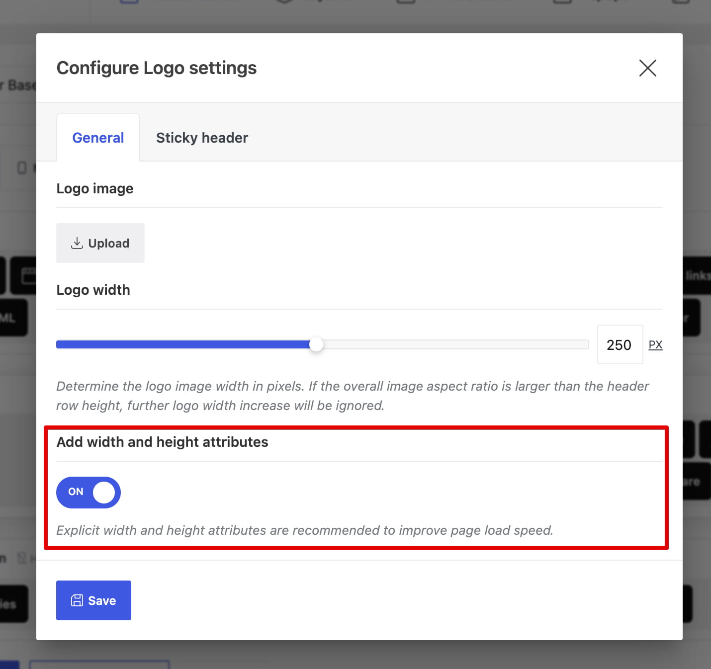 Configure Logo settings dialog with General and Sticky header tabs, logo upload, width slider, and Save button