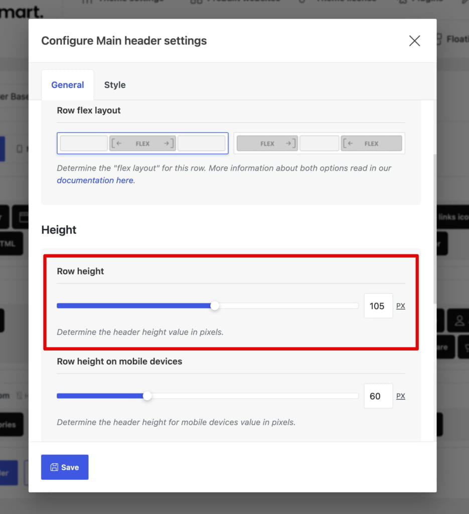 Configure Main header settings dialog with row flex layout and height controls