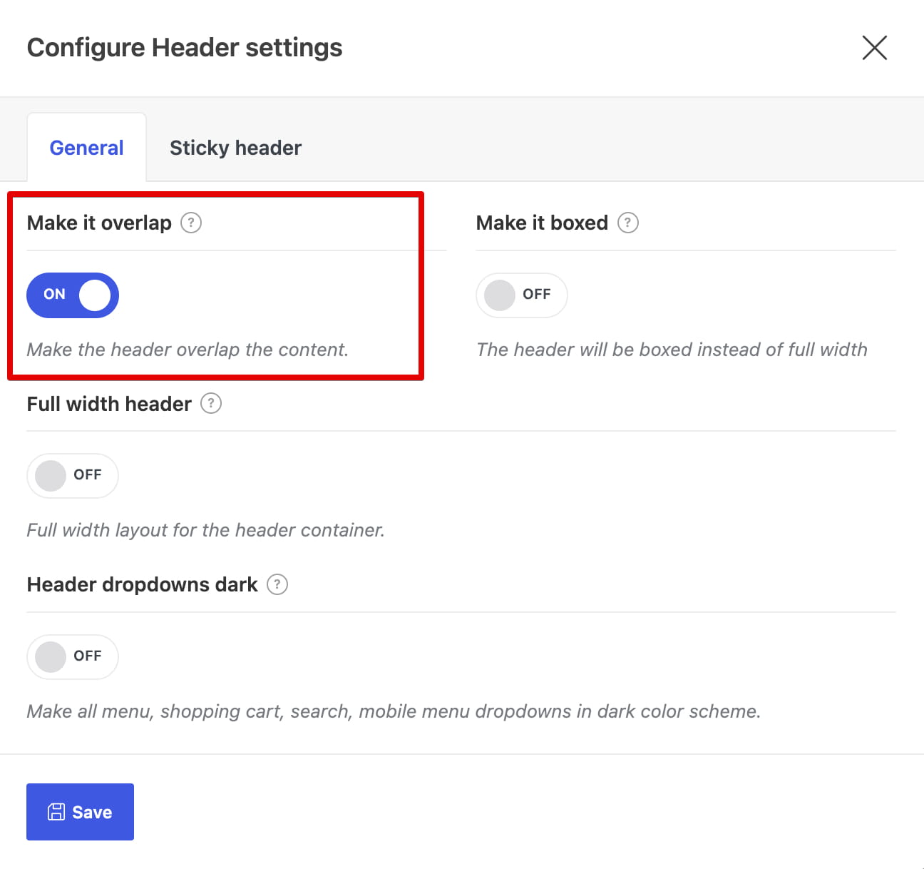 Header settings dialog with the “Make it overlap” option turned on