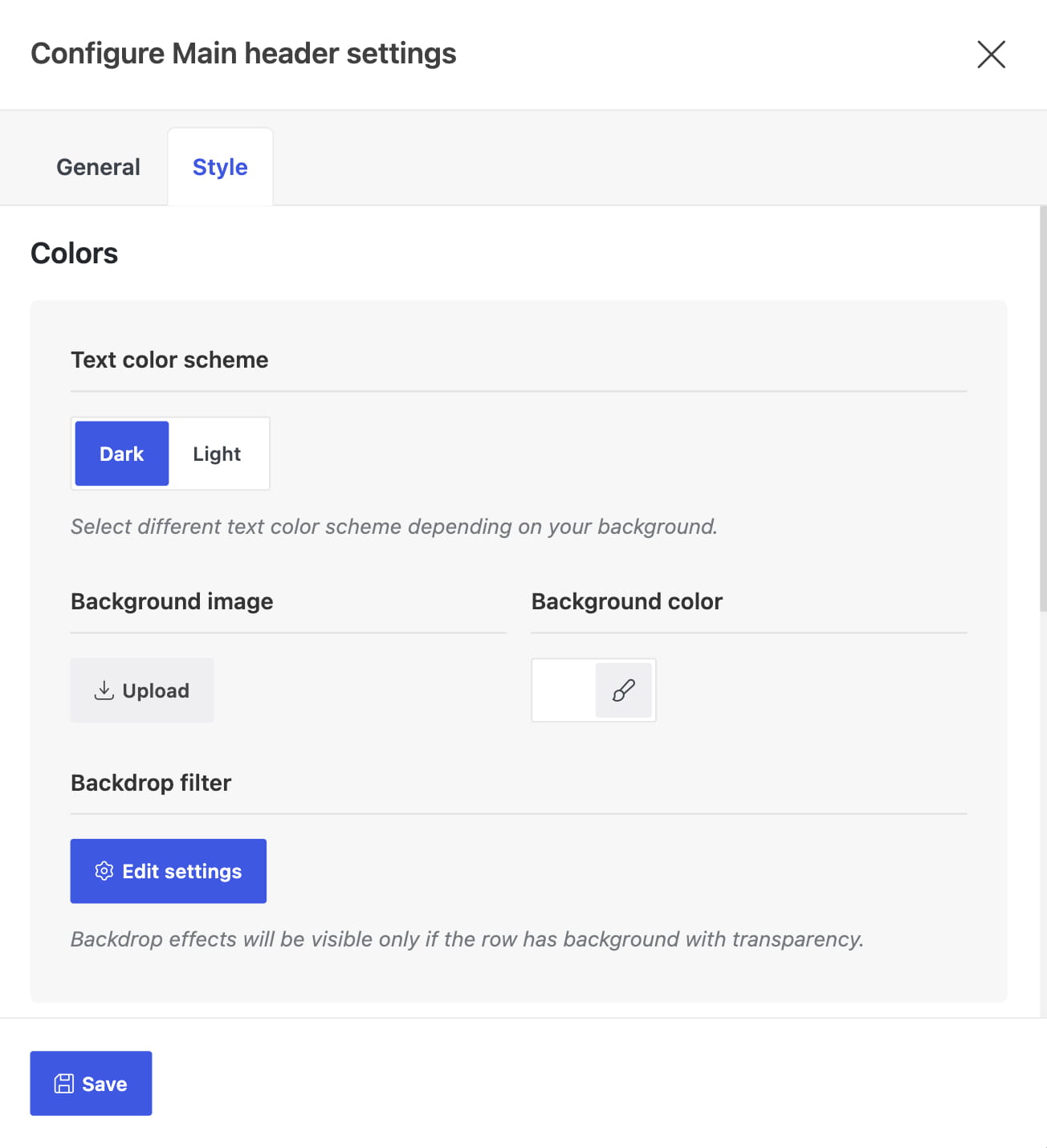 Configure Main header settings dialog, Style tab, with color and backdrop options
