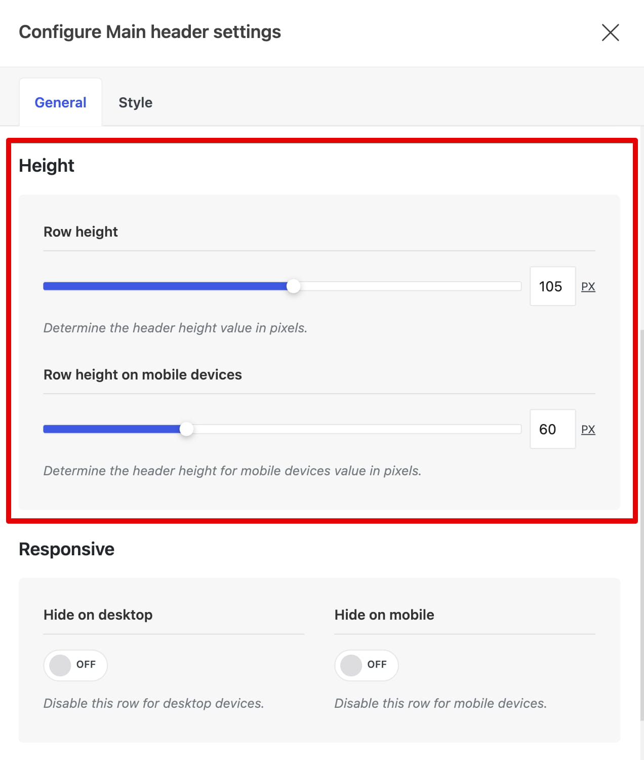 Header settings dialog showing height controls for desktop and mobile row height, plus responsive hide toggles
