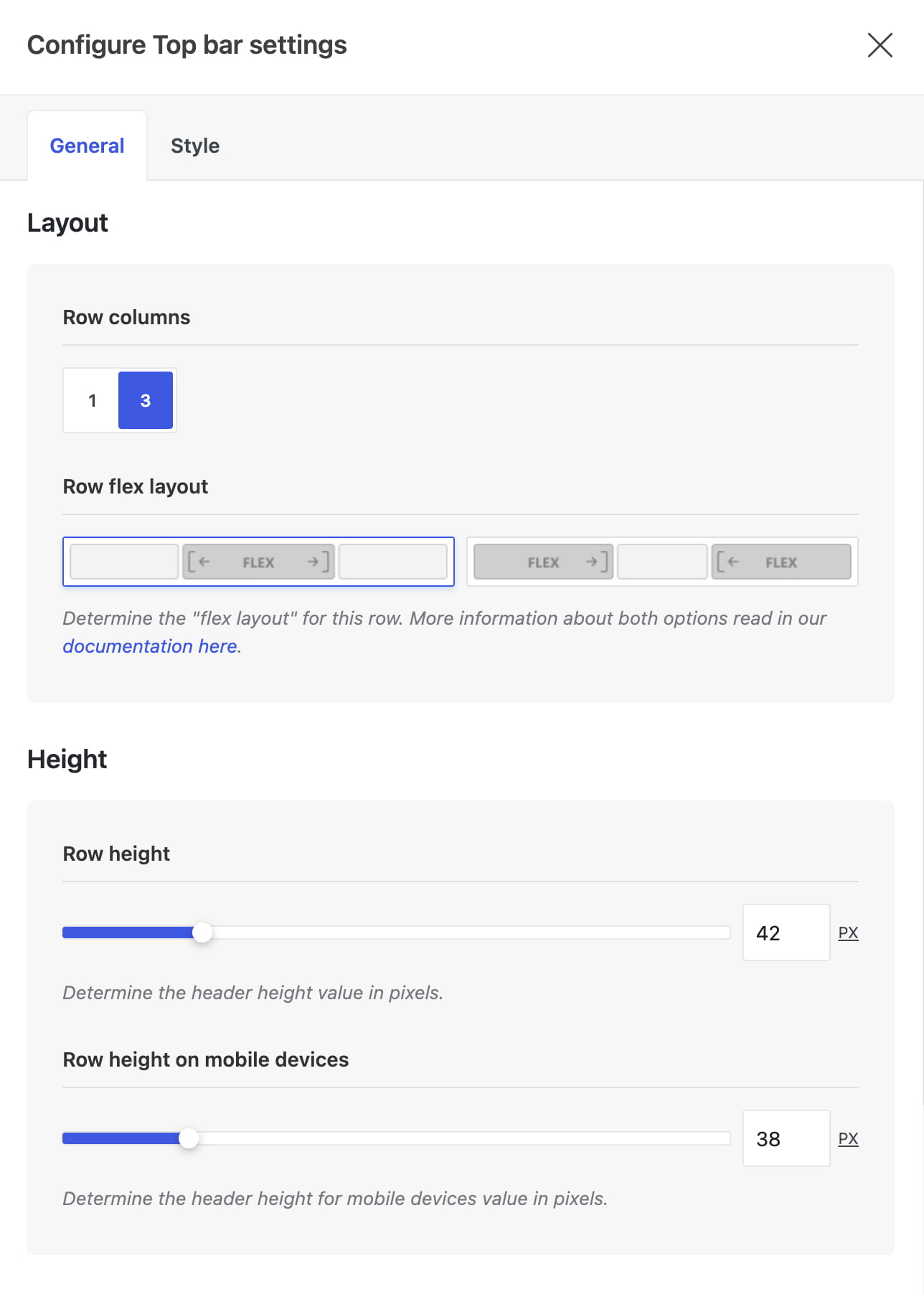 Top bar settings panel with layout and height controls