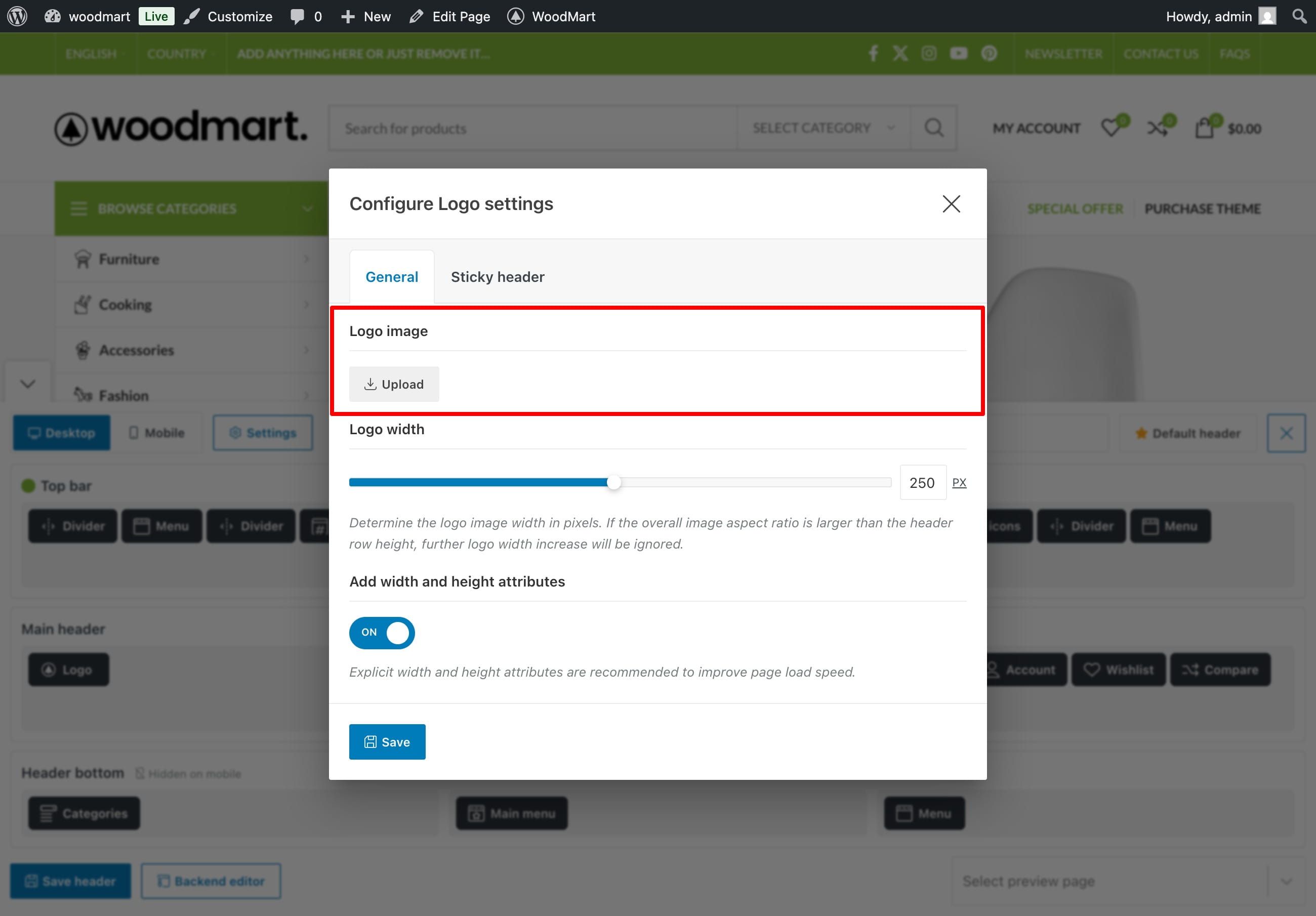 Configure logo settings dialog with logo image upload and width controls