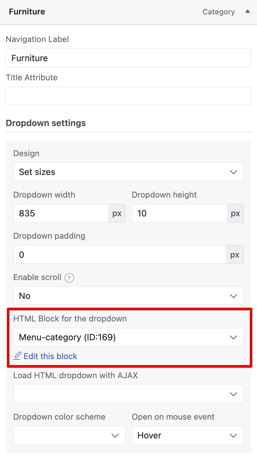 Dropdown settings for the Furniture category, showing the selected HTML block