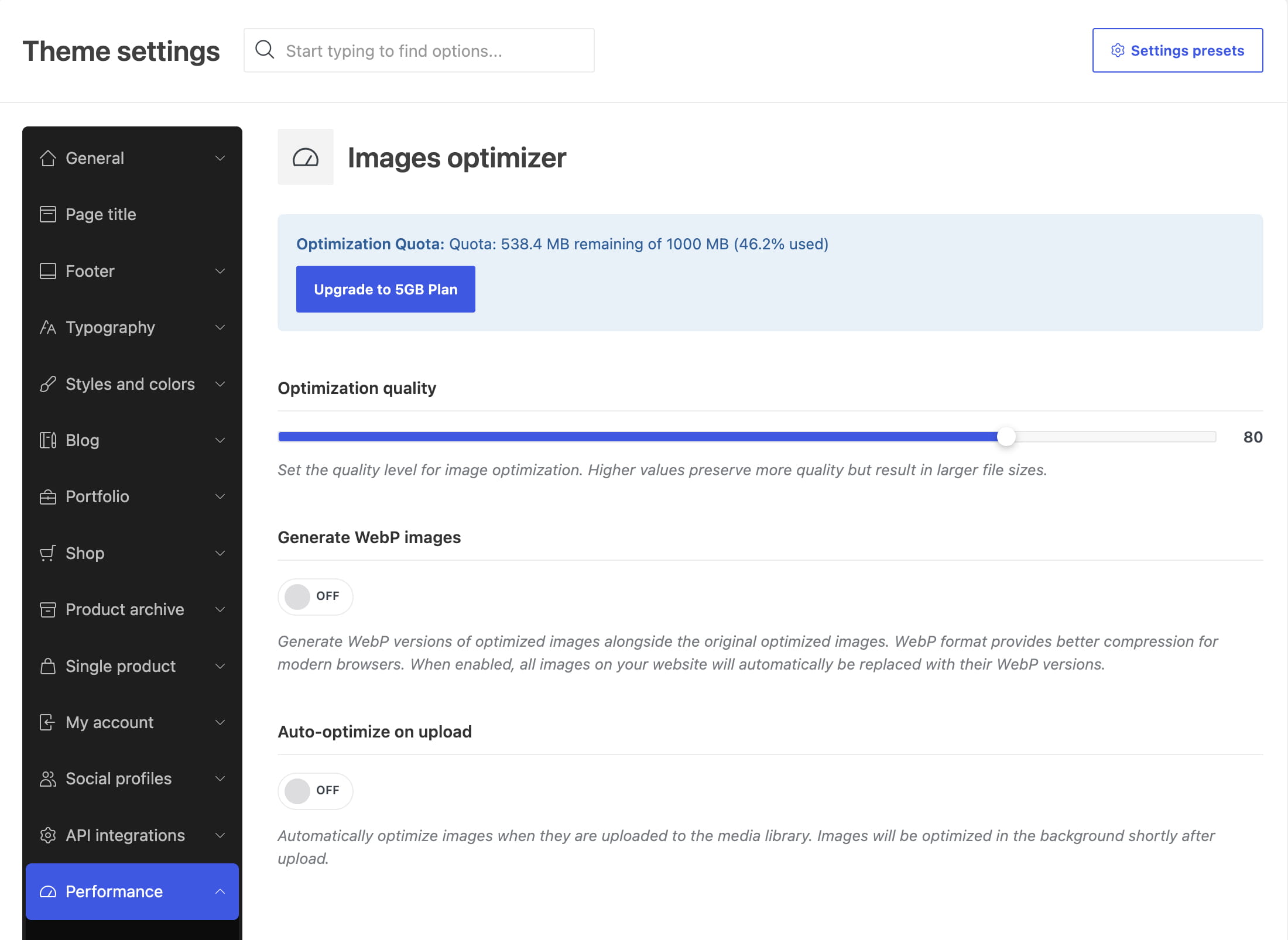 image optimizer settings full page