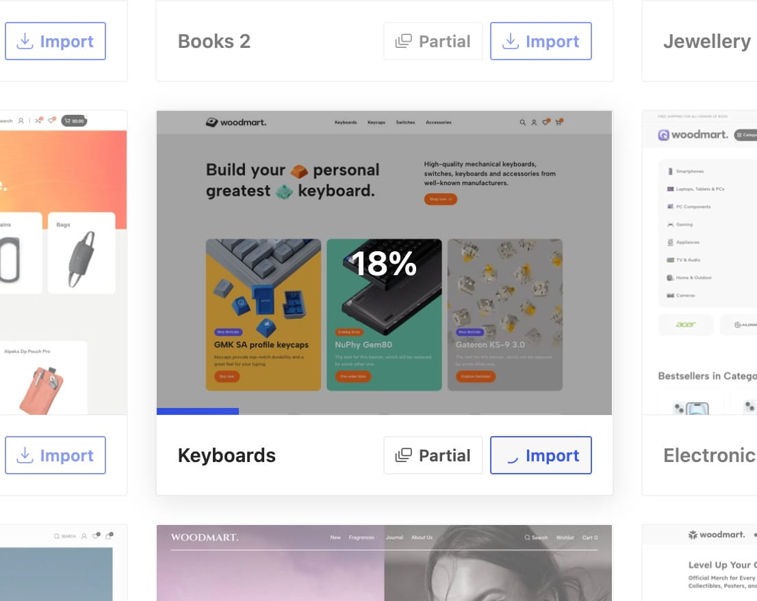 Website template gallery showing a keyboard e-commerce homepage preview surrounded by other store templates