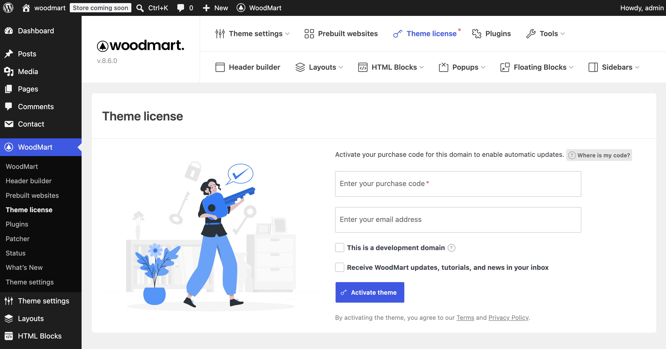 WoodMart Theme License page with purchase code and email fields, activation options, and an Activate theme button