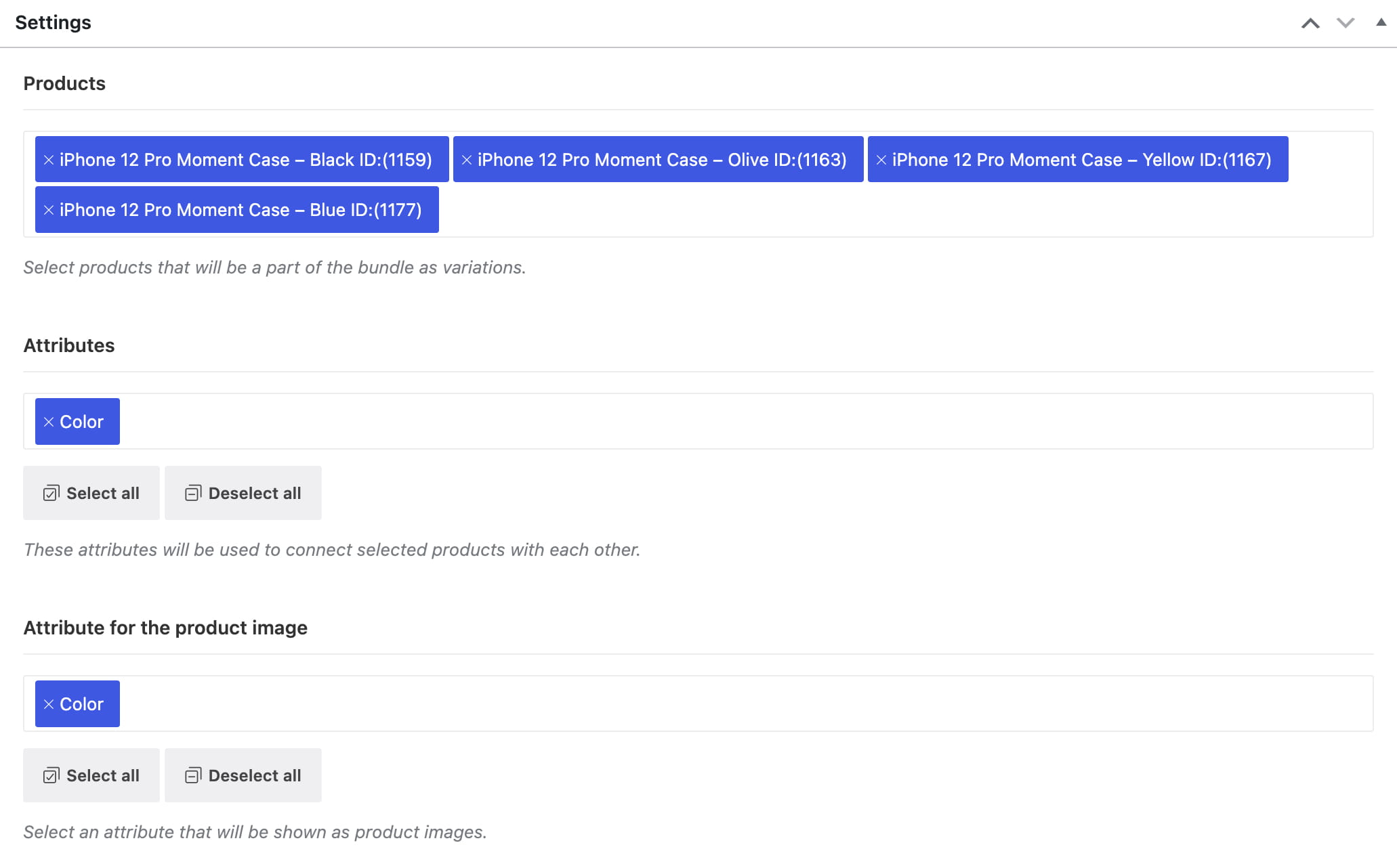linked variations options page