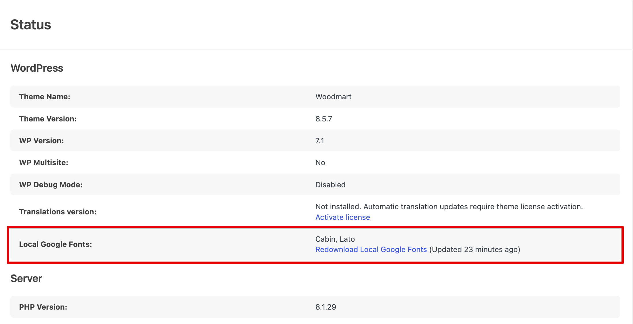 WordPress status shows local Google Fonts Cabin and Lato, with an option to redownload them