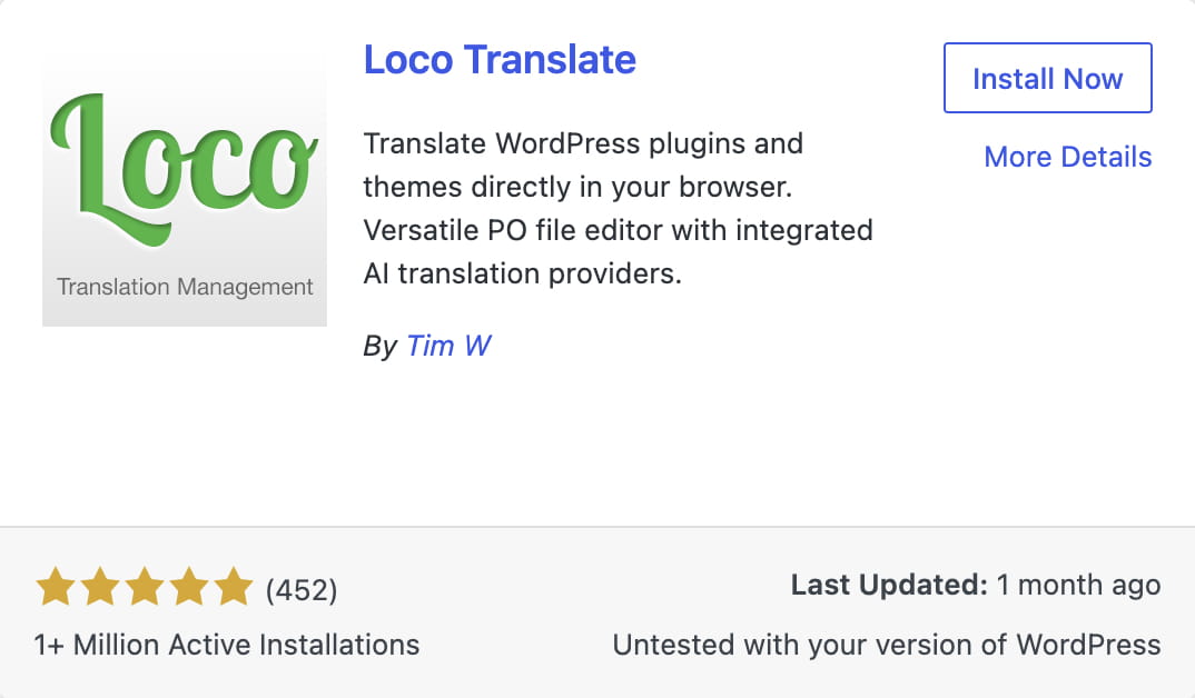 Loco Translate WordPress plugin listing, offering browser-based translation and PO file editing with AI providers