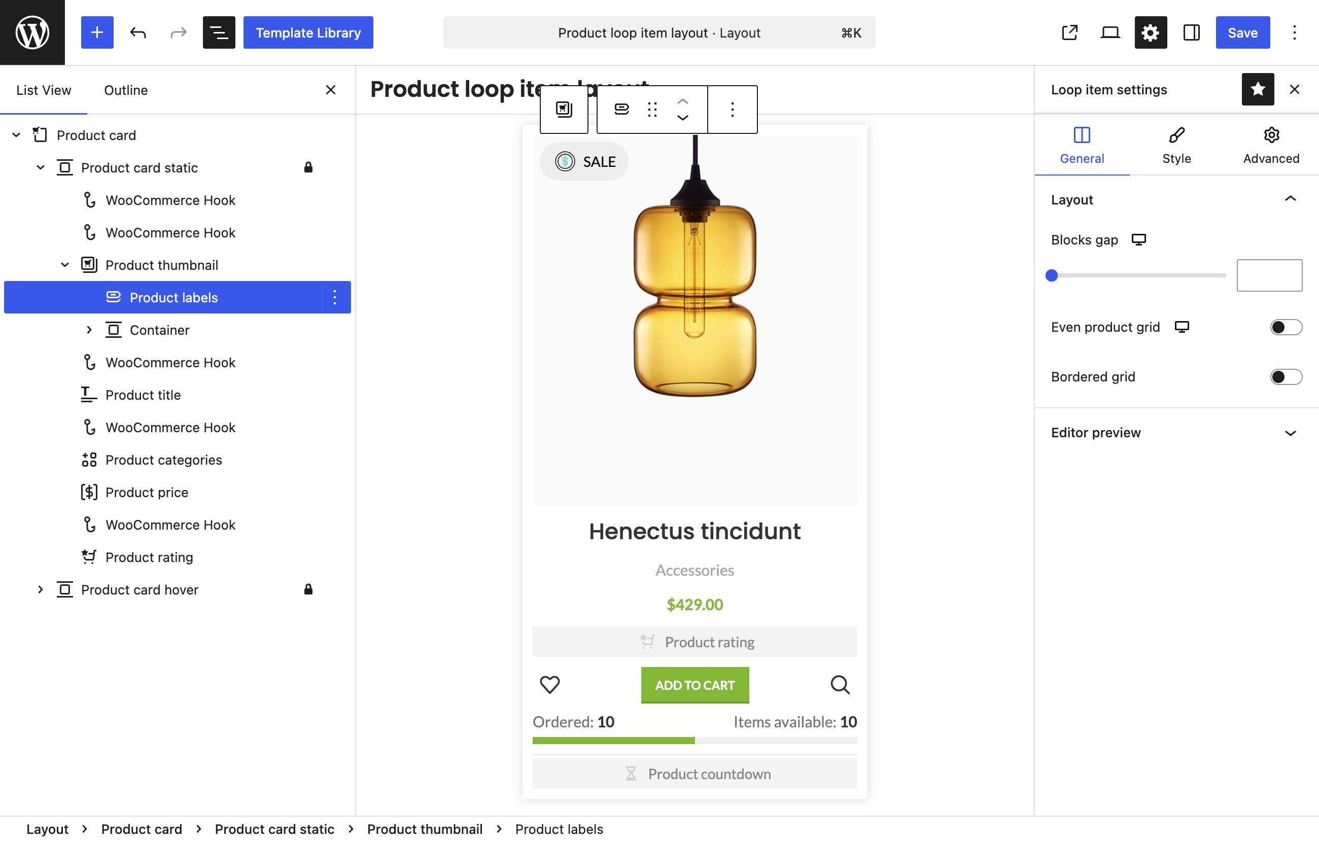 element custom labels on loop products layout