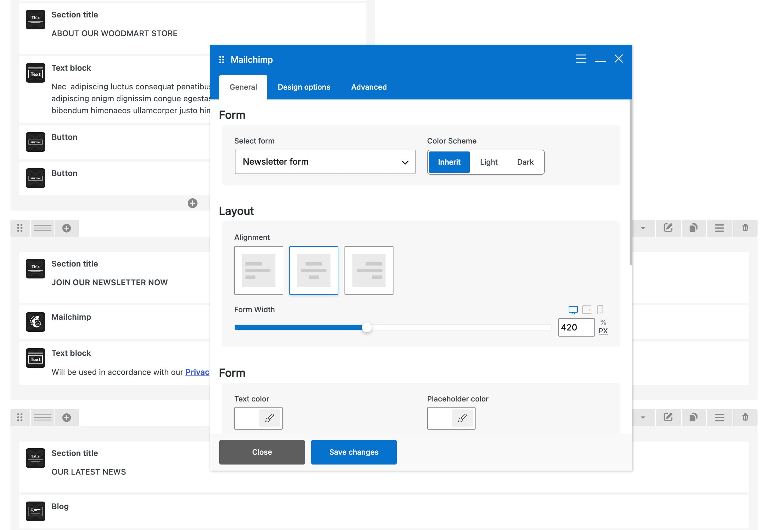 Mailchimp form settings panel showing newsletter form, color scheme, alignment, form width, and save changes controls
