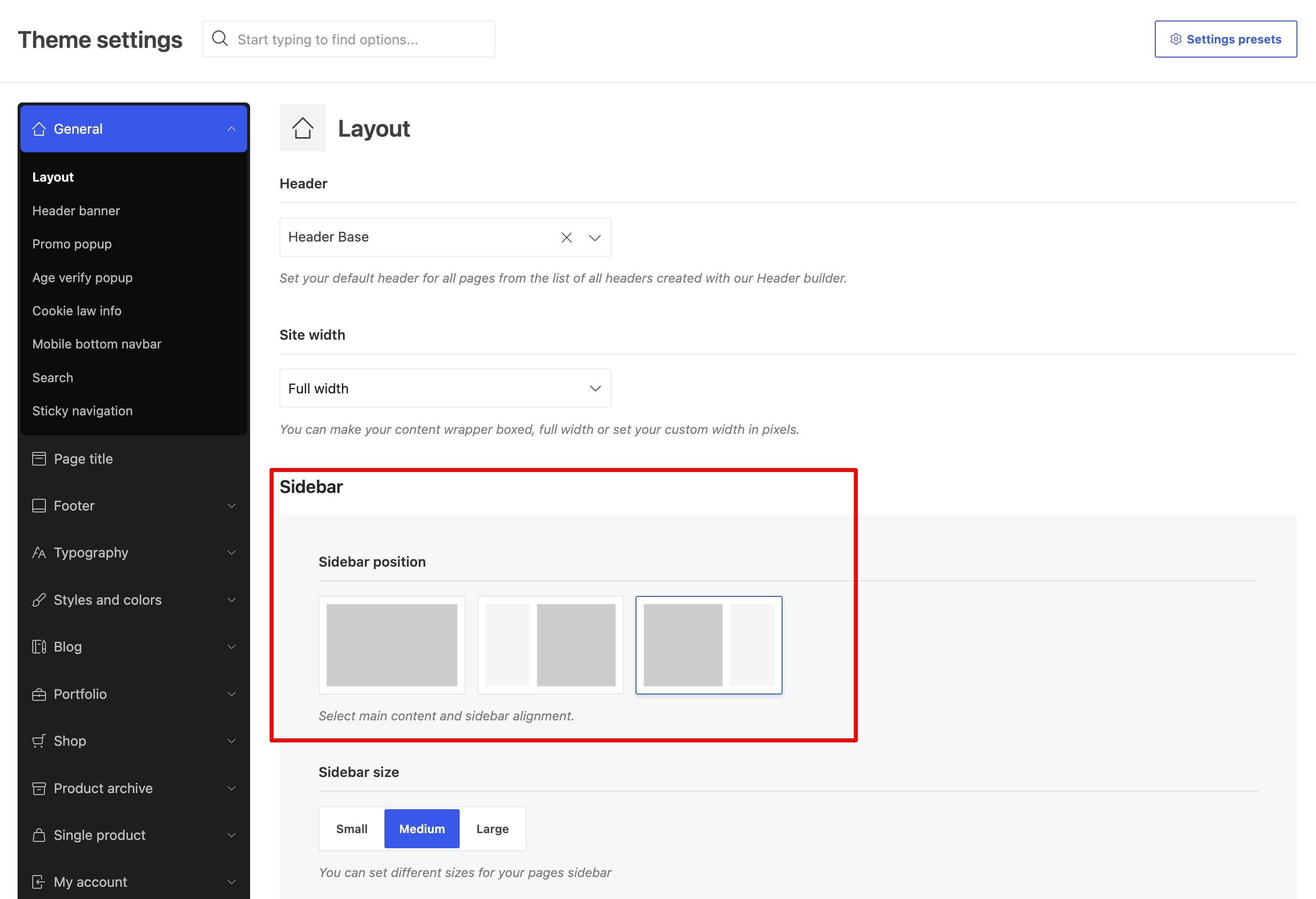 Sidebar position options for main content and sidebar alignment