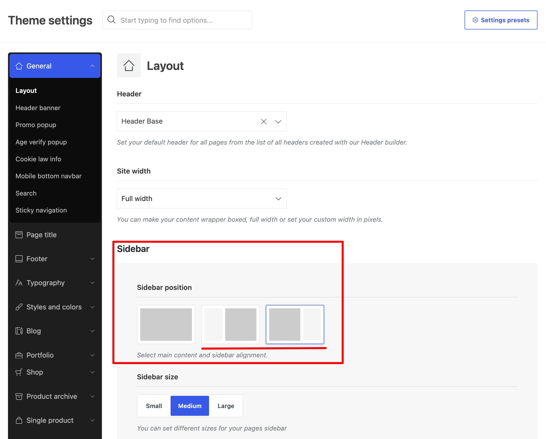 main sidebar settings