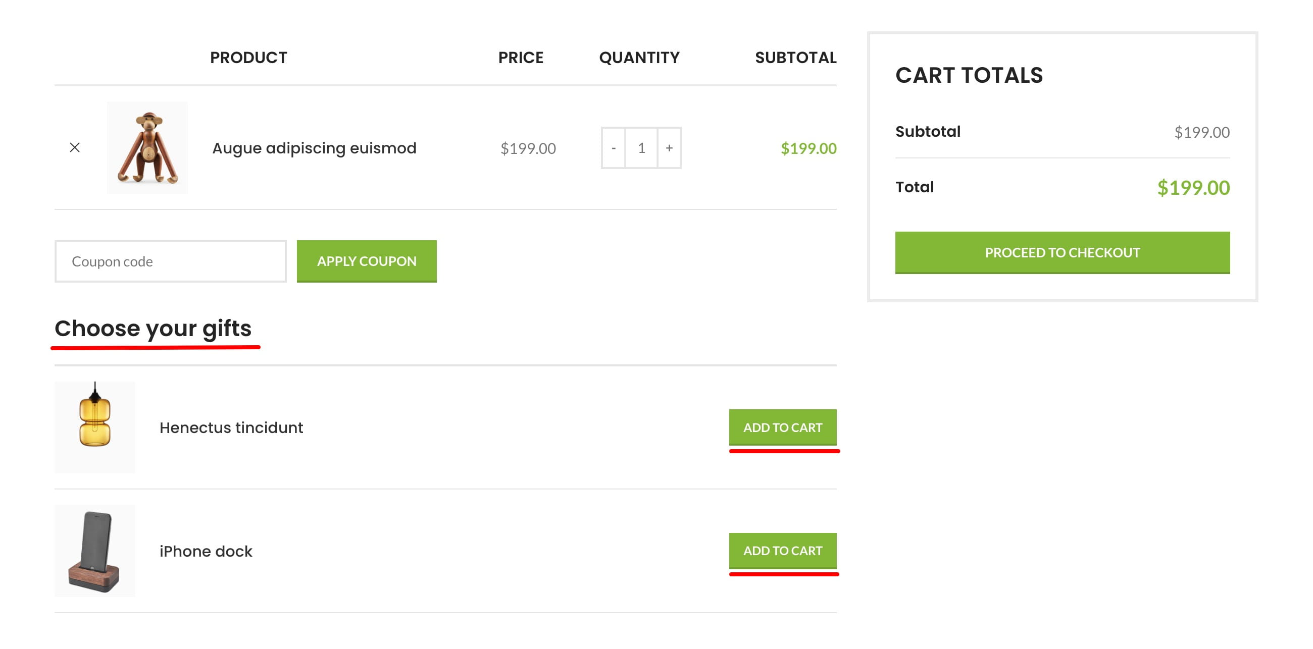 Shopping cart page with one item, coupon code field, gift suggestions, and checkout totals