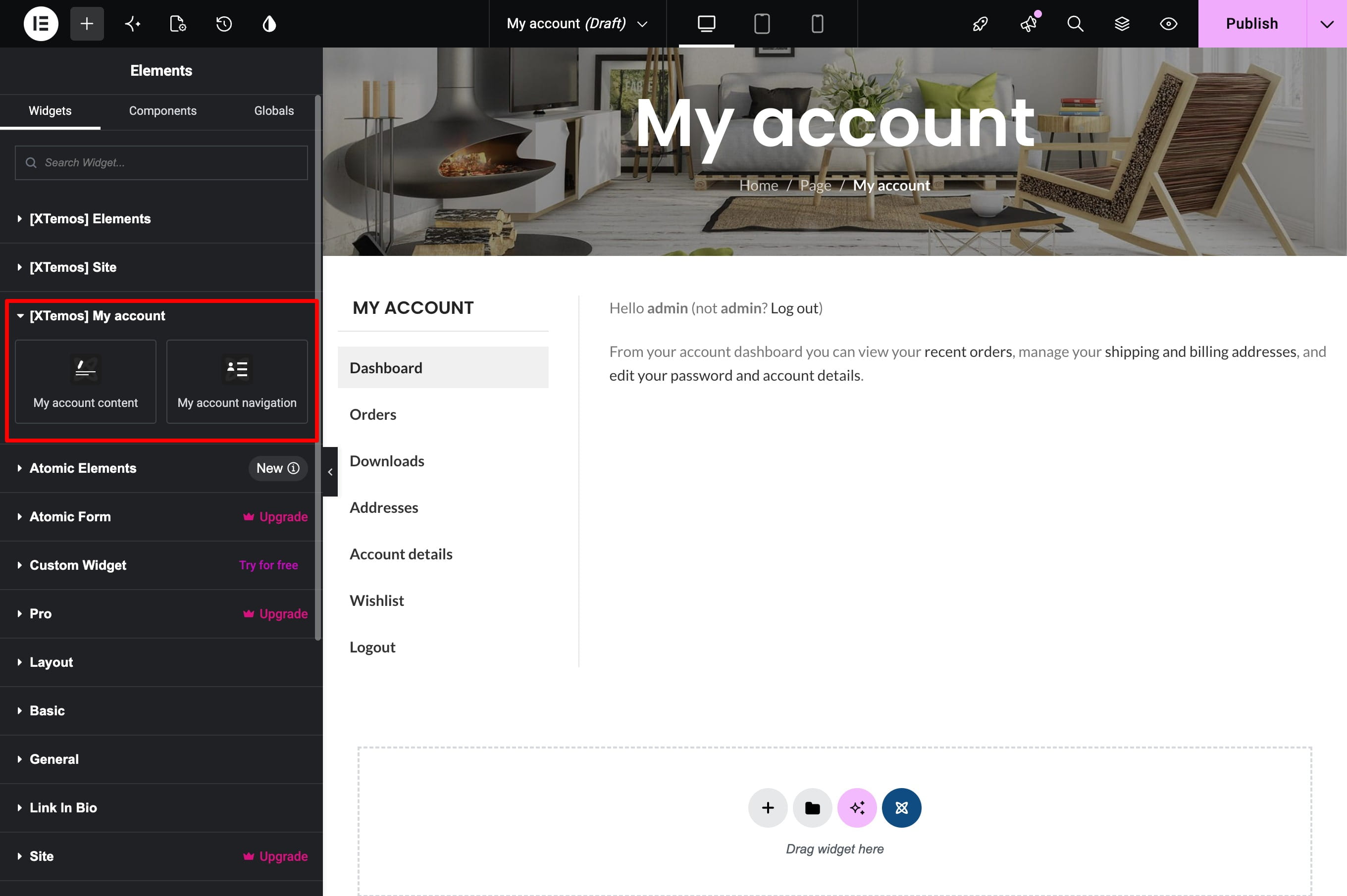 My Account layout elements on Elementor