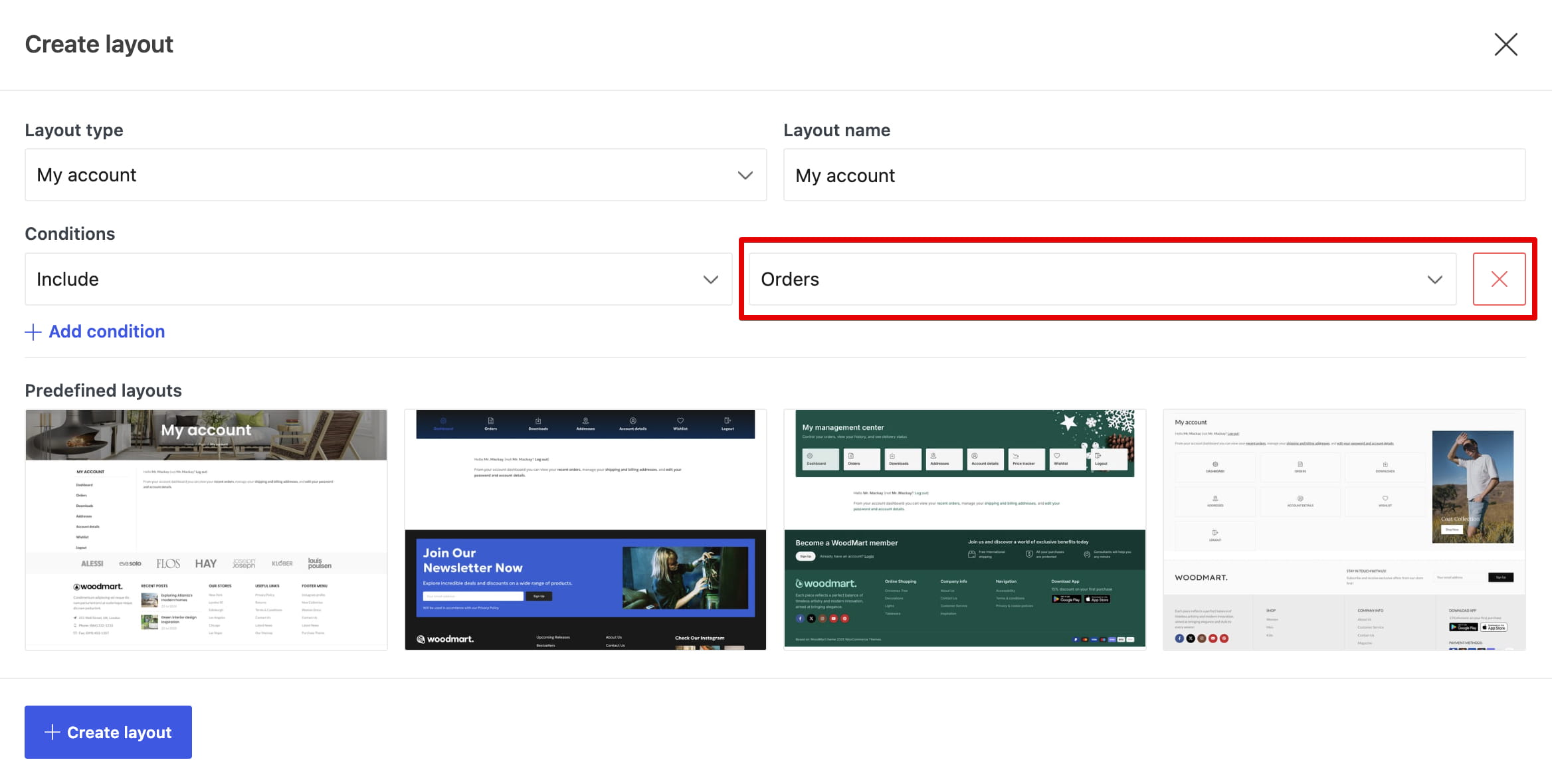 Condition for applying a My account layout to an individual endpoint