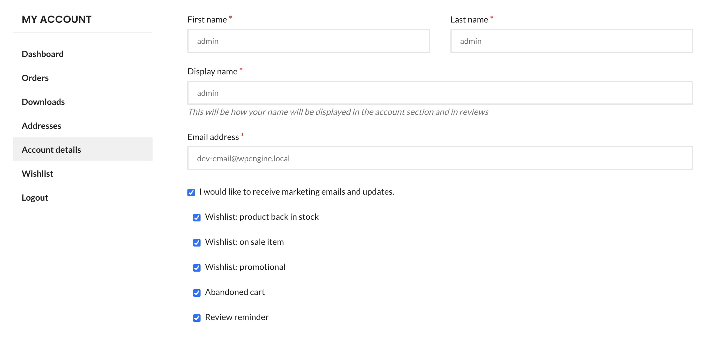 Account details form with name, email, and notification preference checkboxes